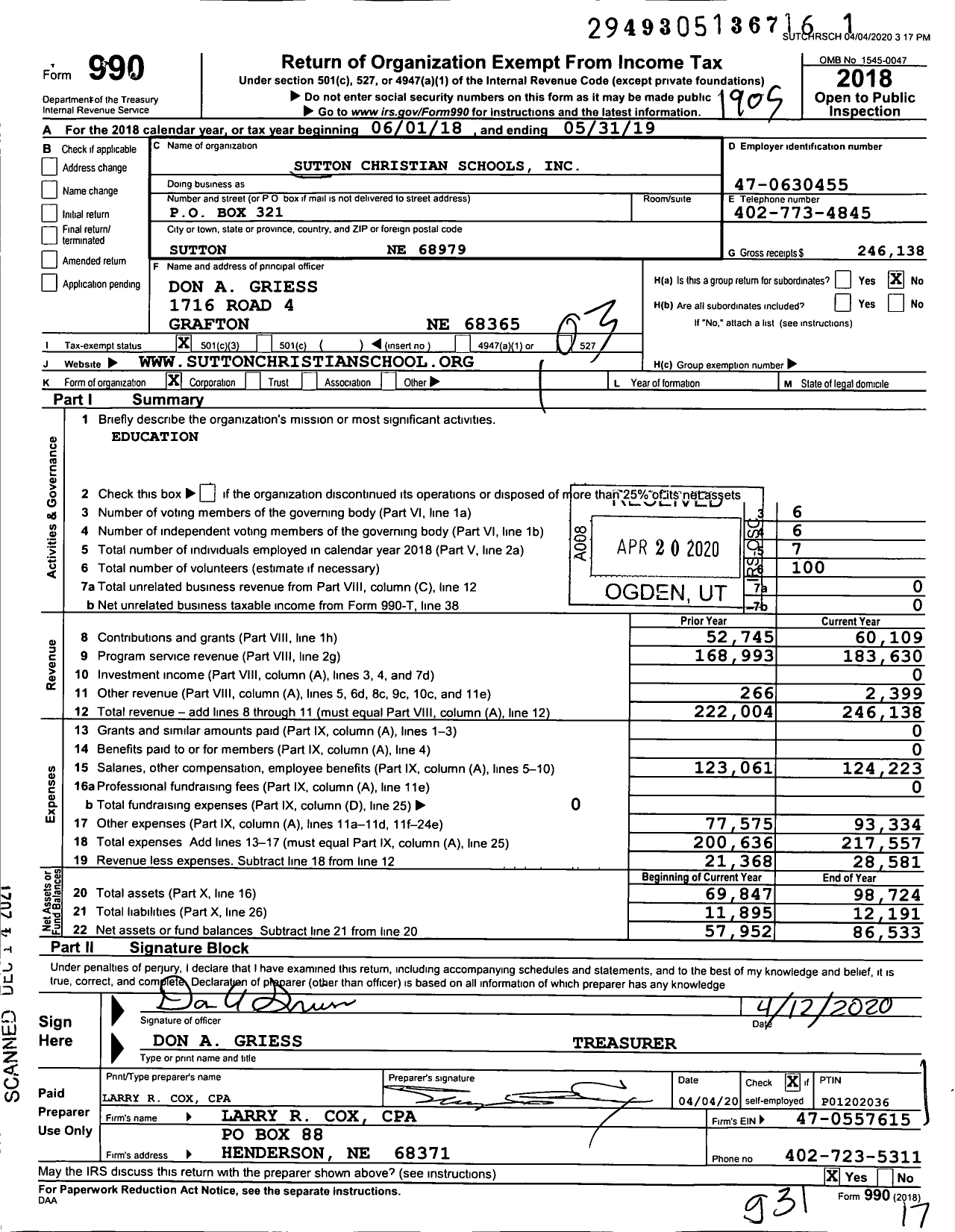 Image of first page of 2018 Form 990 for Sutton Christian Schools