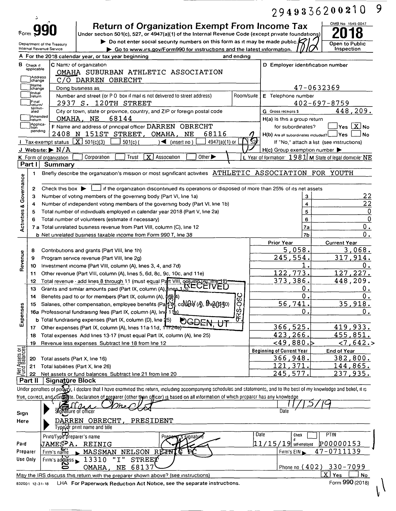 Image of first page of 2018 Form 990 for Omaha Suburban Athletic Association