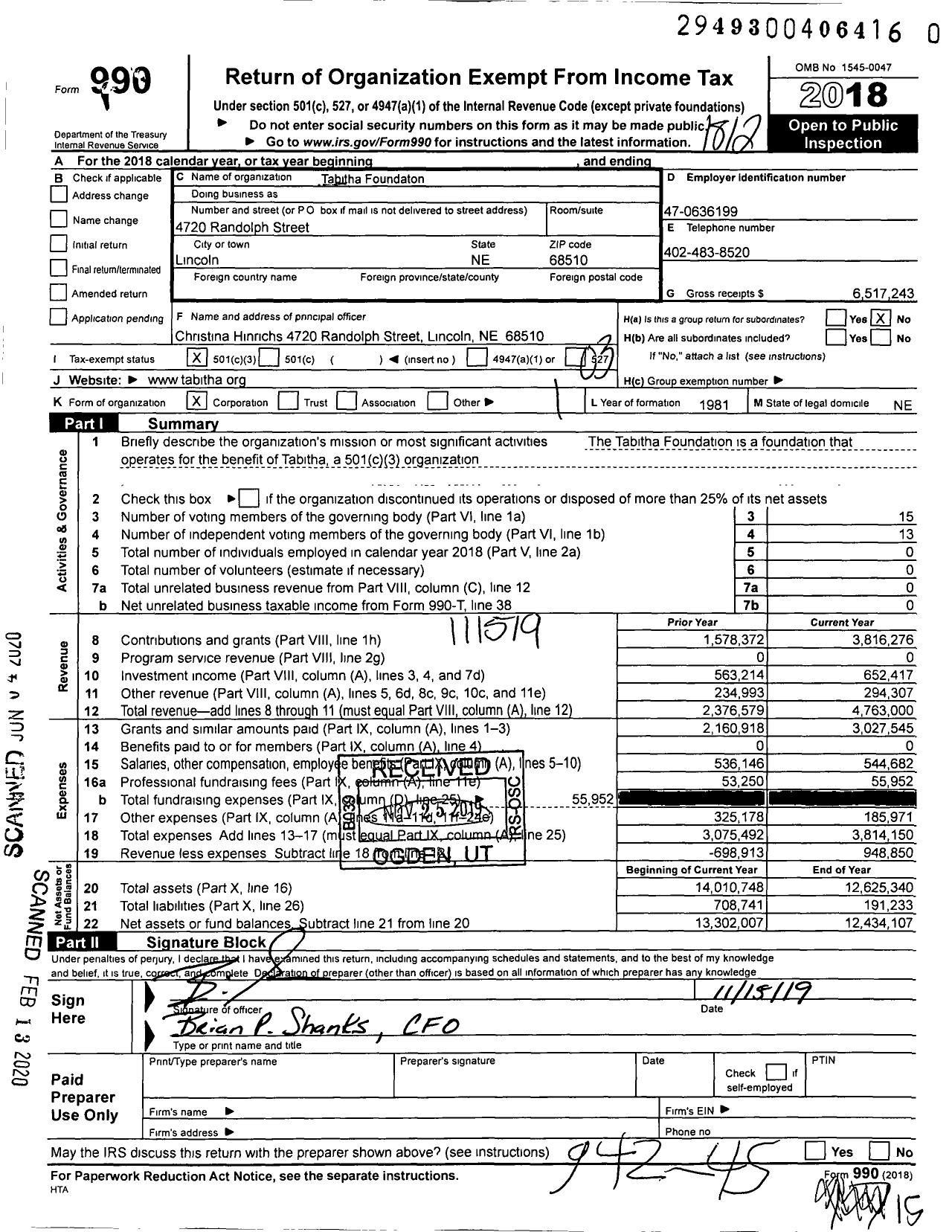 Image of first page of 2018 Form 990 for The Tabitha Foundation