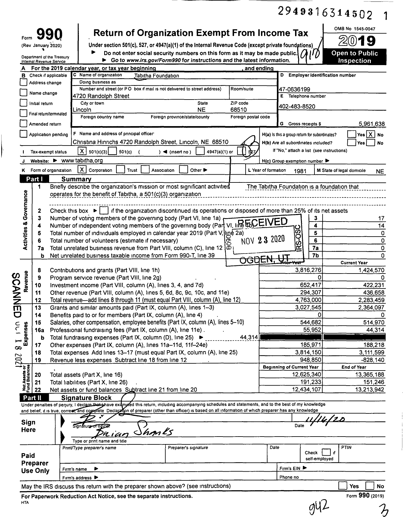 Image of first page of 2019 Form 990 for The Tabitha Foundation