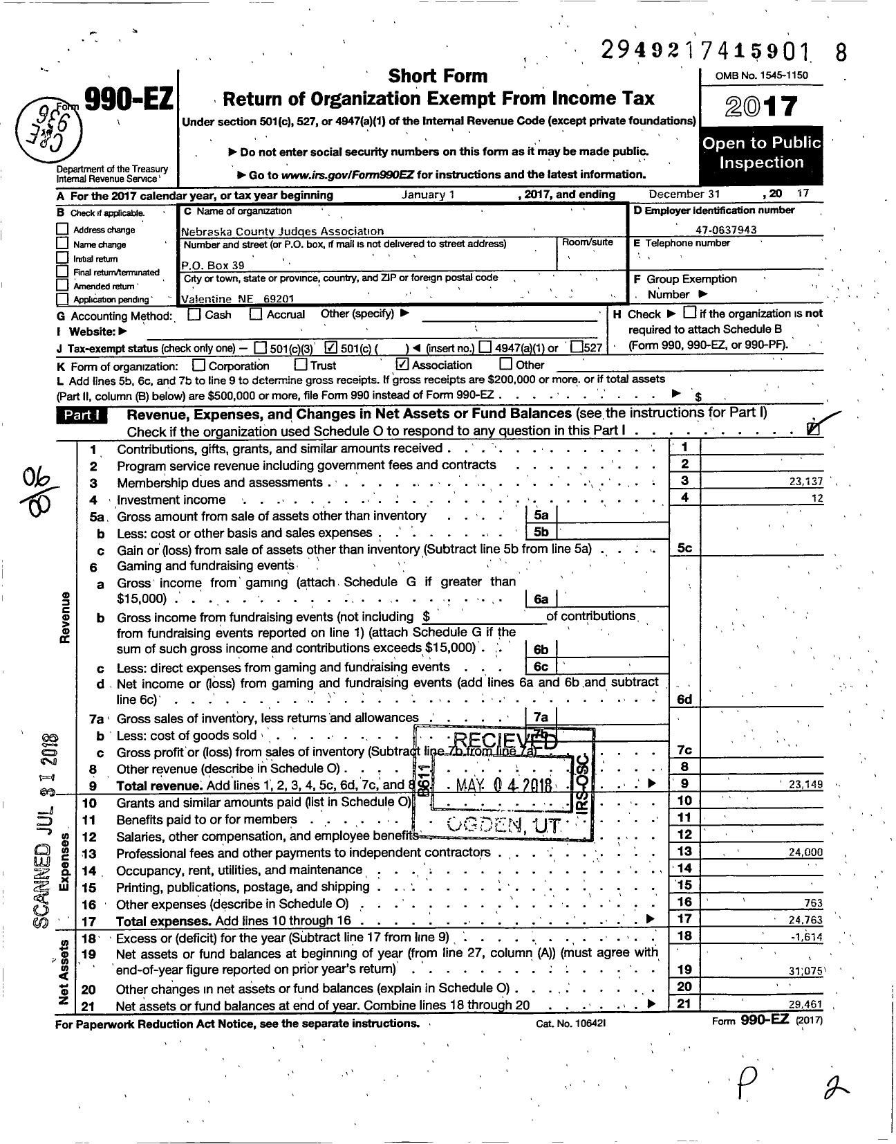 Image of first page of 2017 Form 990EO for Nebraska County Judges Association