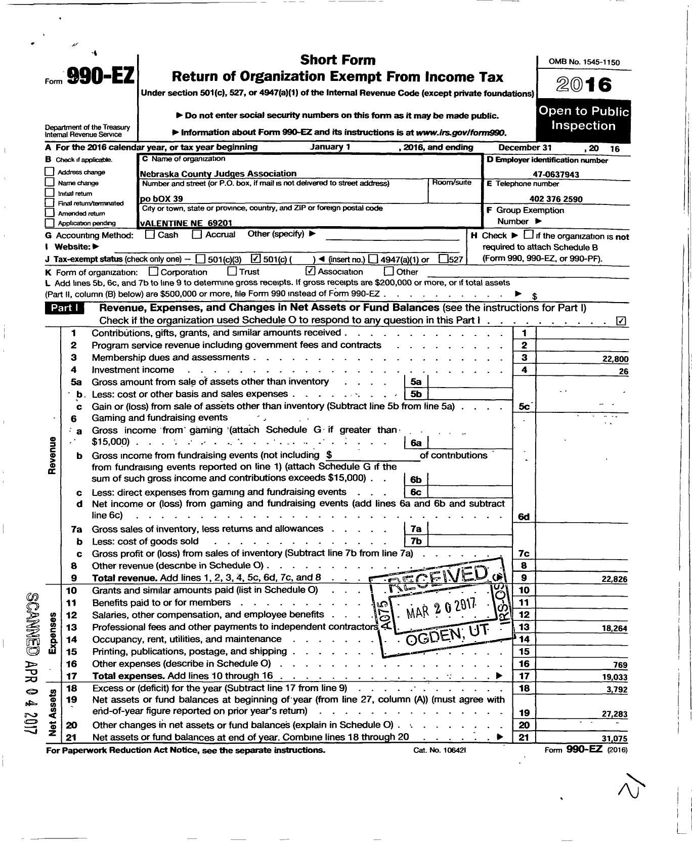 Image of first page of 2016 Form 990EO for Nebraska County Judges Association