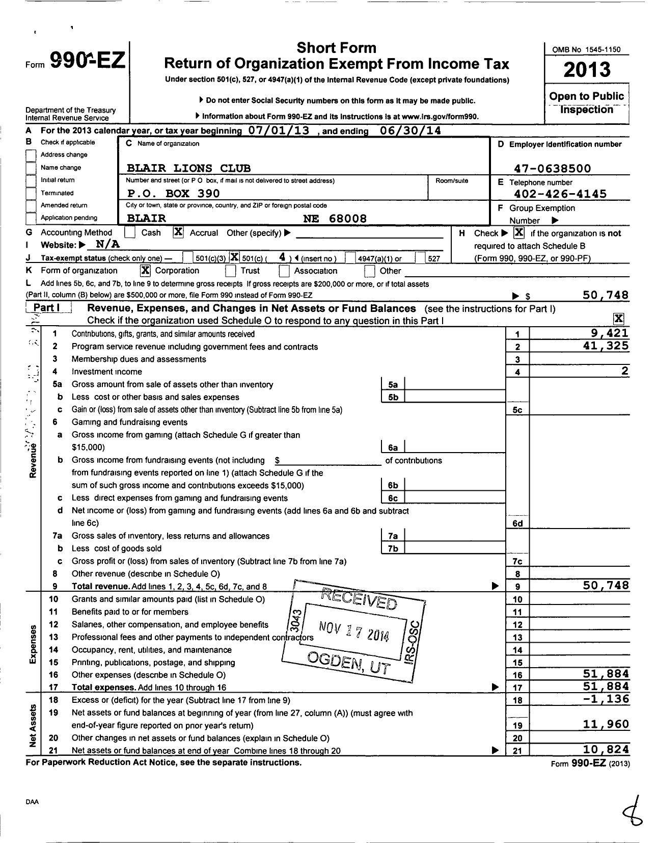 Image of first page of 2013 Form 990EO for Lions Clubs - 13314 Blair