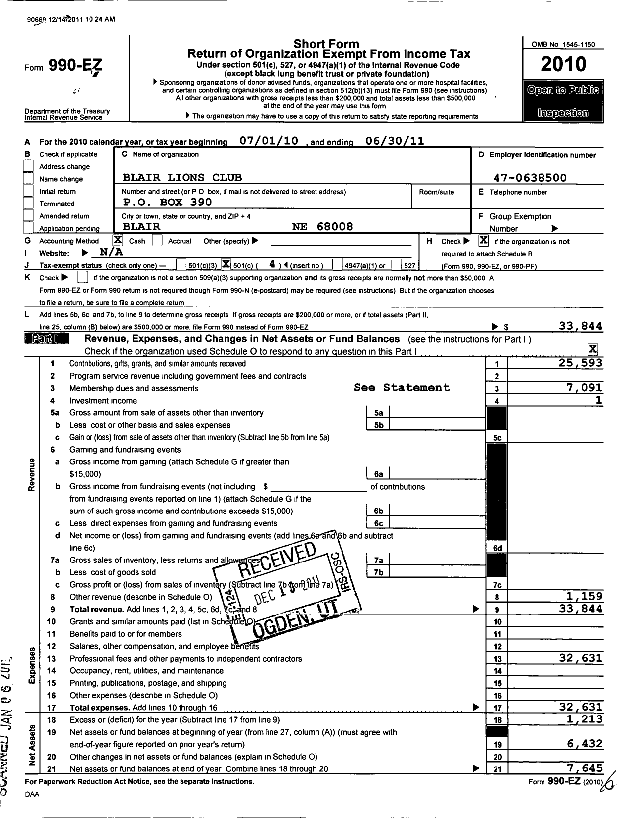 Image of first page of 2010 Form 990EO for Lions Clubs - 13314 Blair