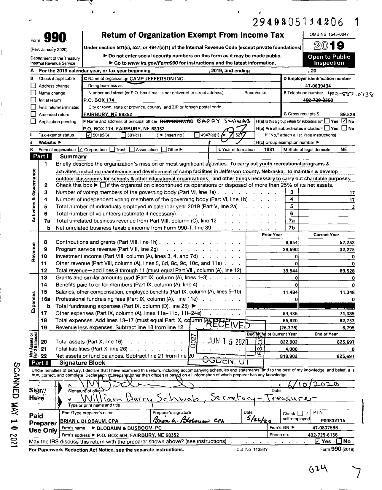 Image of first page of 2019 Form 990 for Camp Jefferson