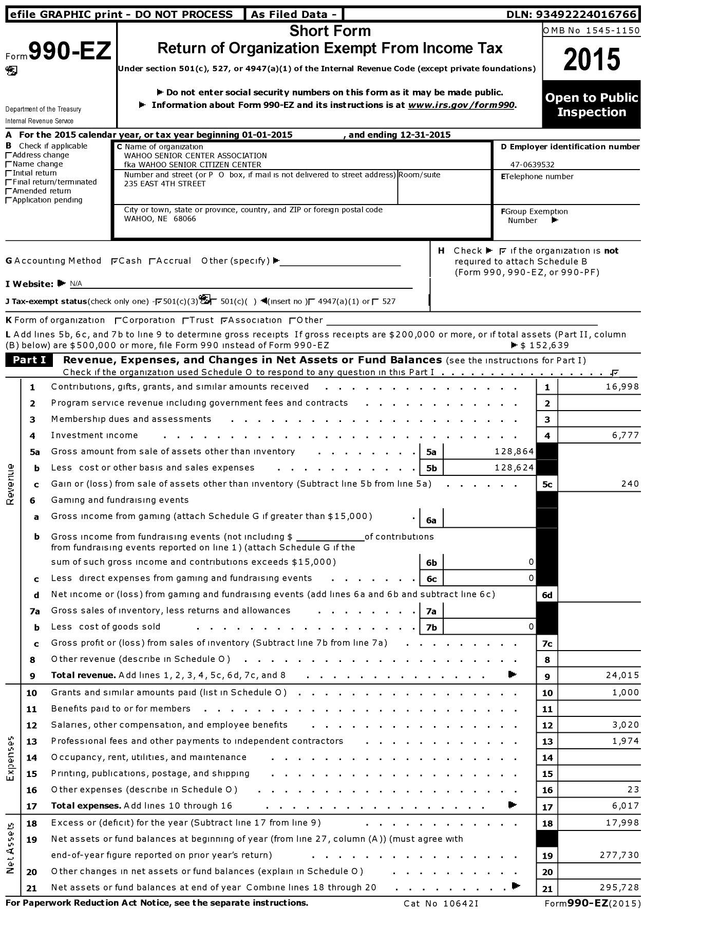 Image of first page of 2015 Form 990EZ for Wahoo Senior Center Association