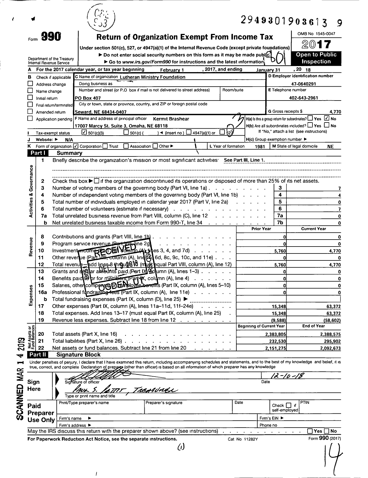 Image of first page of 2017 Form 990 for Lutheran Ministry Foundation