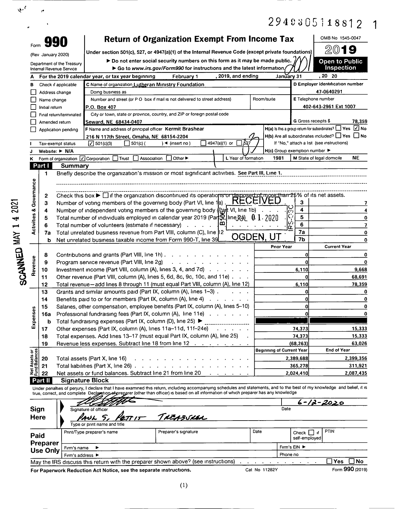 Image of first page of 2019 Form 990 for Lutheran Ministry Foundation