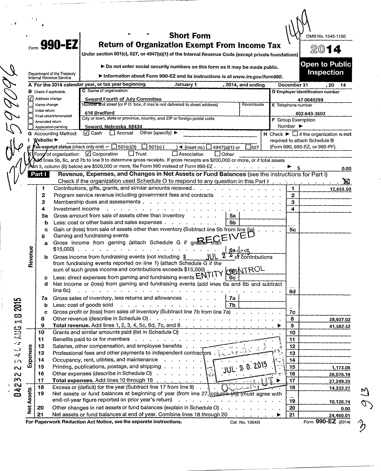 Image of first page of 2013 Form 990EO for Seward Fourth of July Committee