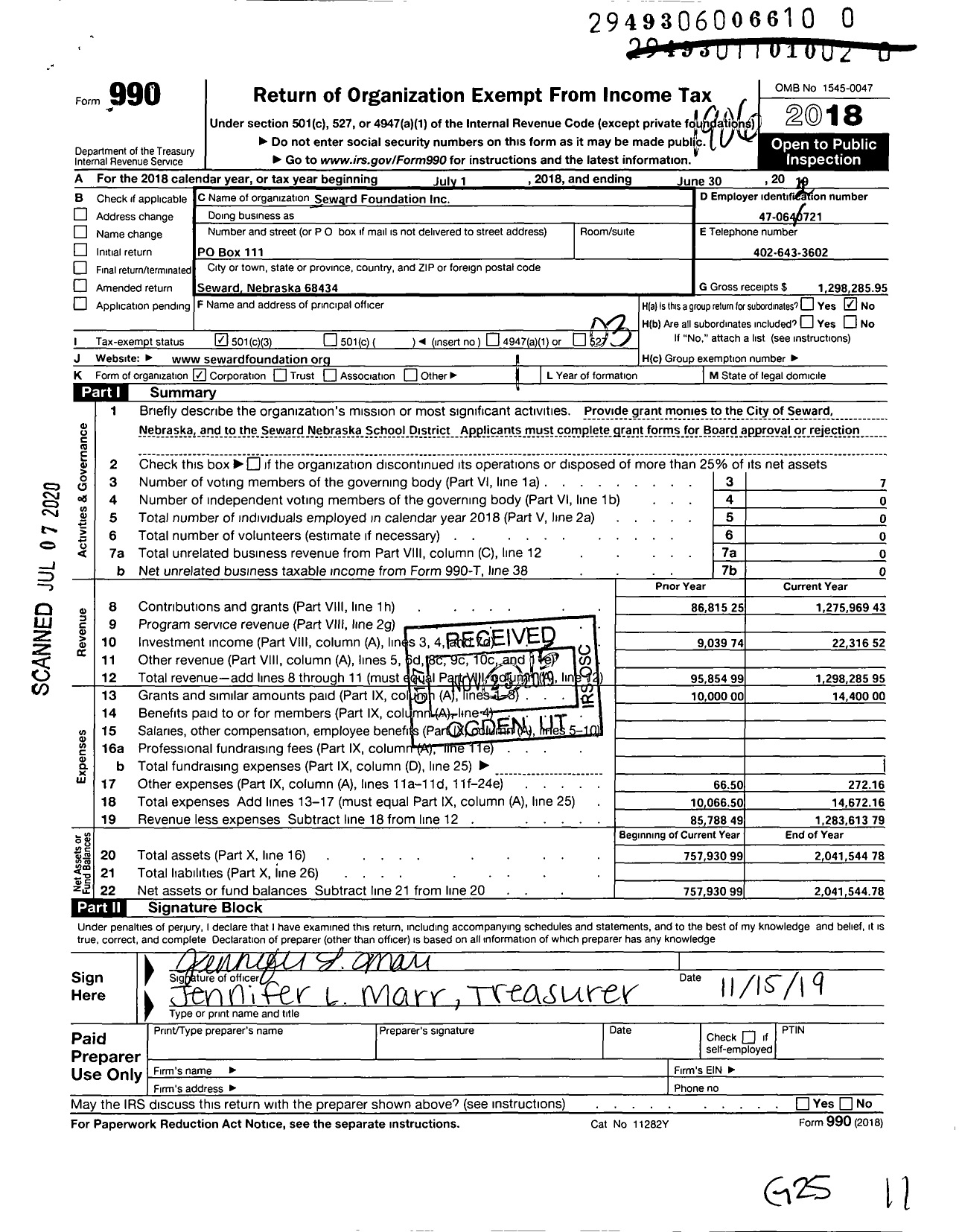 Image of first page of 2018 Form 990 for Seward Foundation