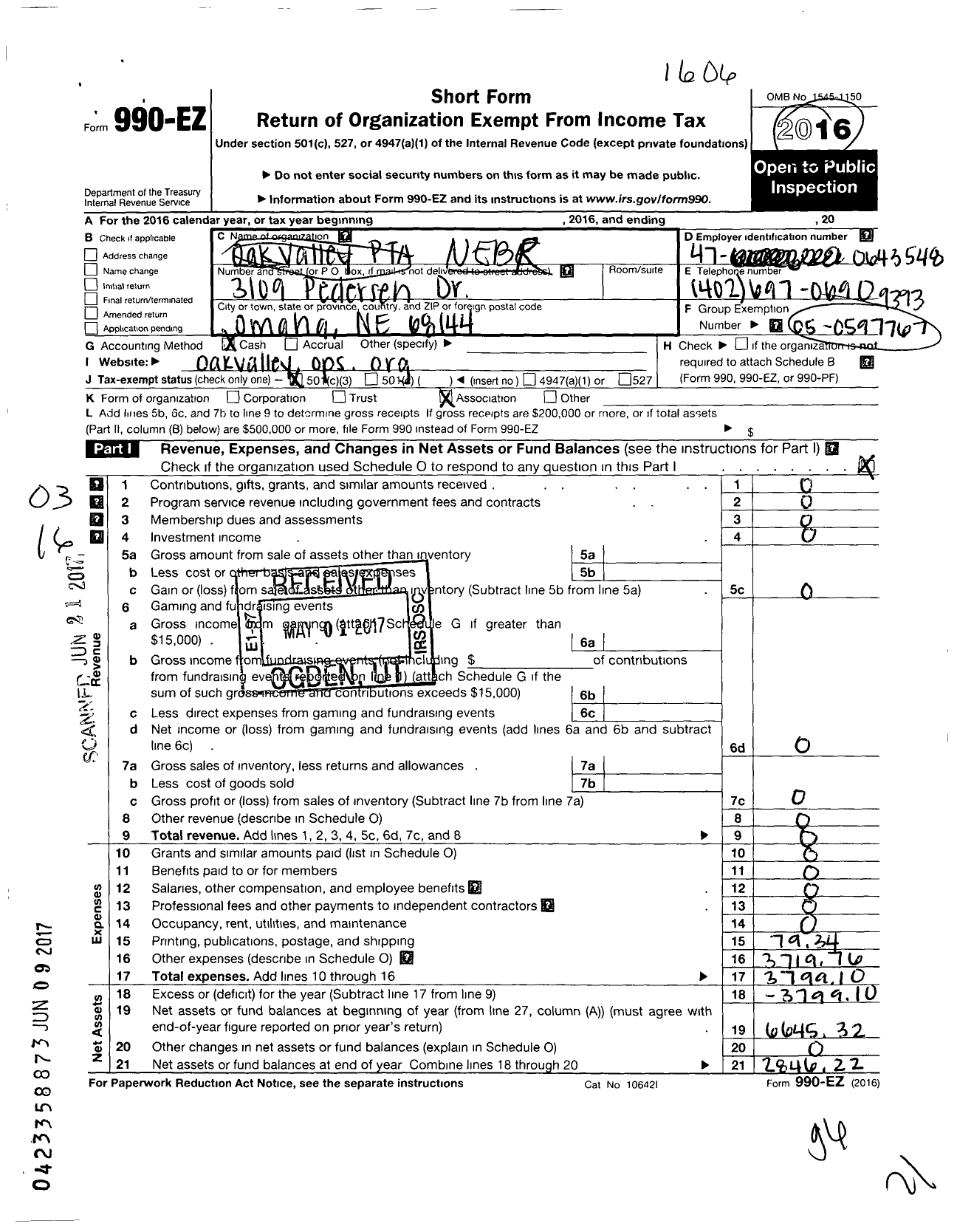 Image of first page of 2016 Form 990EZ for Nebraska Congress of Parents and Teachers / Oak Valley PTA