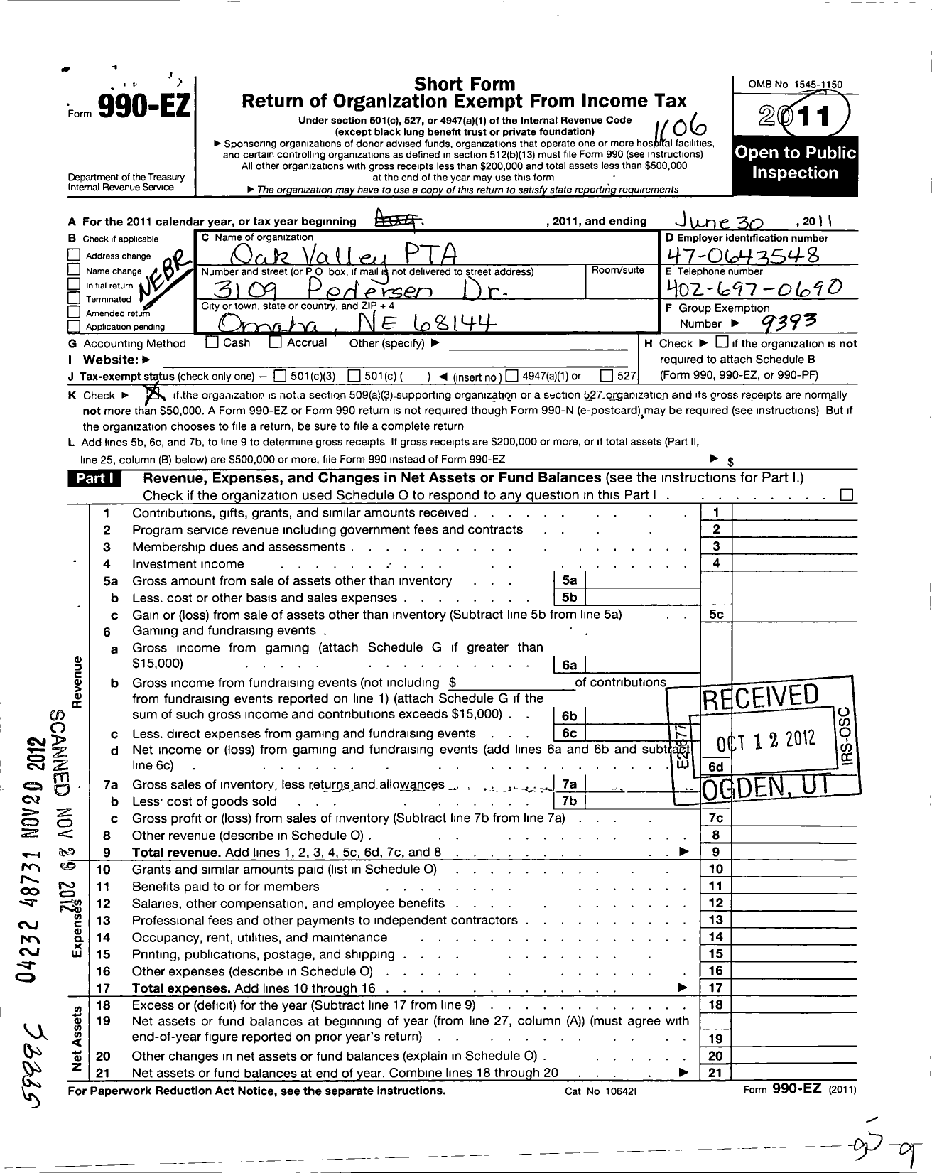 Image of first page of 2010 Form 990EO for Nebraska Congress of Parents and Teachers / Oak Valley PTA