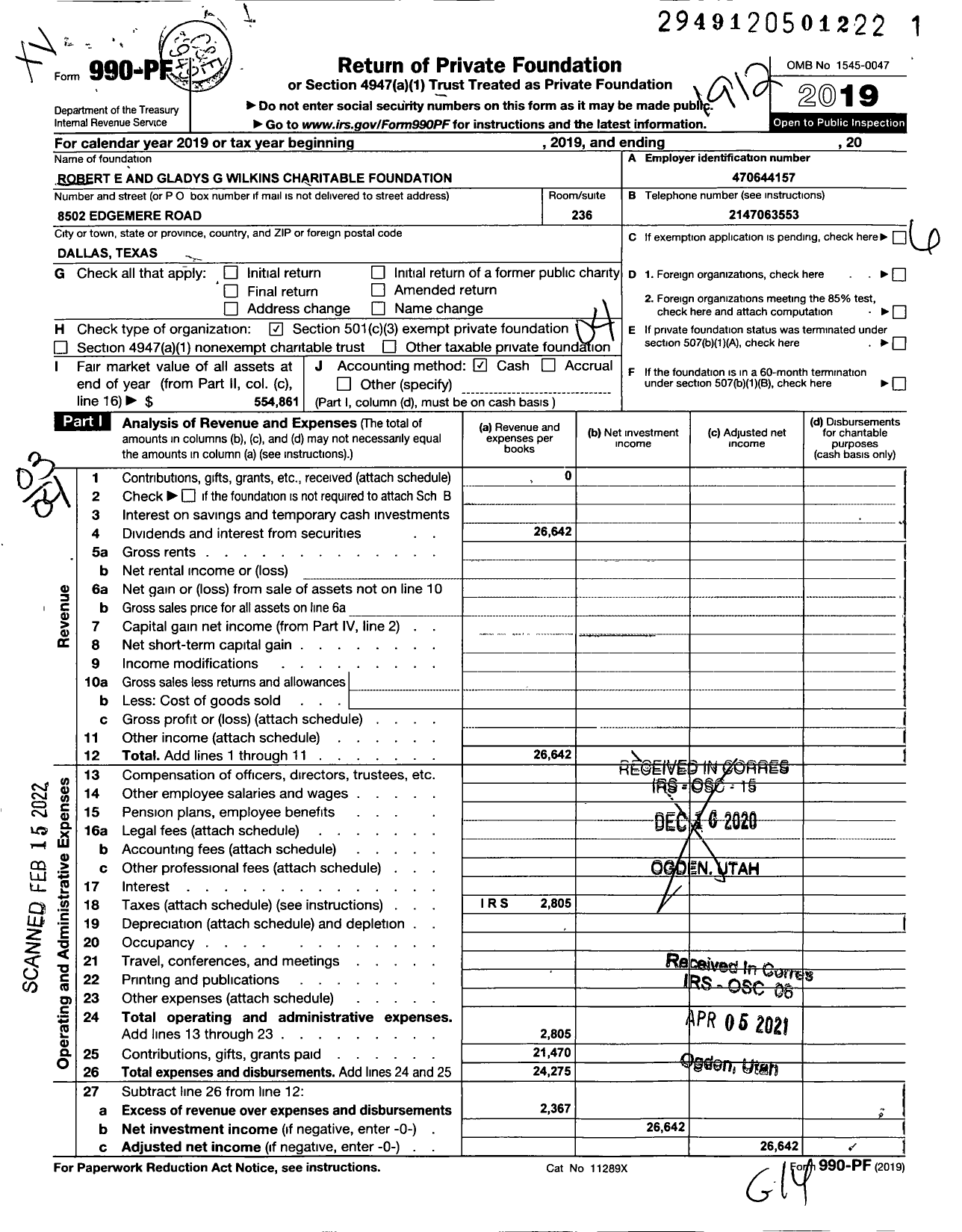 Image of first page of 2019 Form 990PF for Robert E and Gladys G Wilkins Charitable Foundation