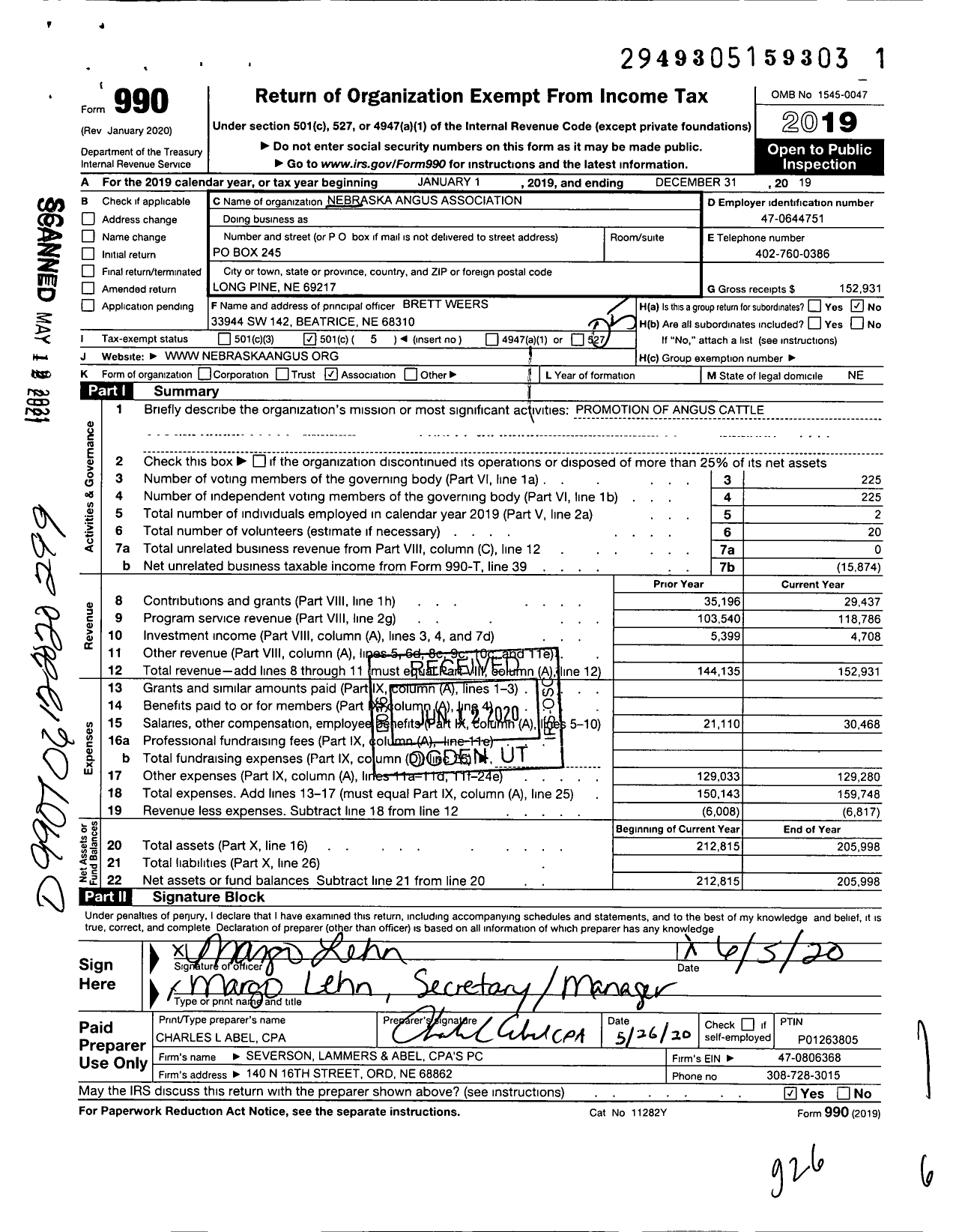 Image of first page of 2019 Form 990O for Nebraska Angus Association