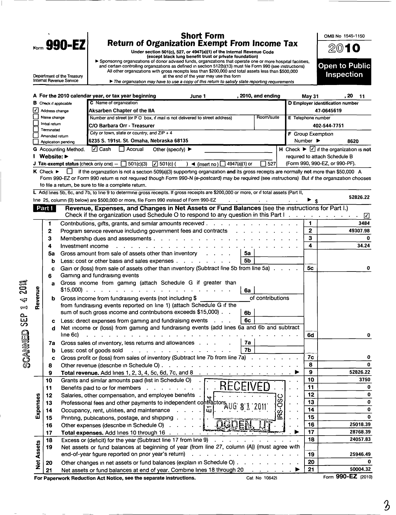 Image of first page of 2010 Form 990O for Institute of Internal Auditors / Ak-Sar-Ben Chapter