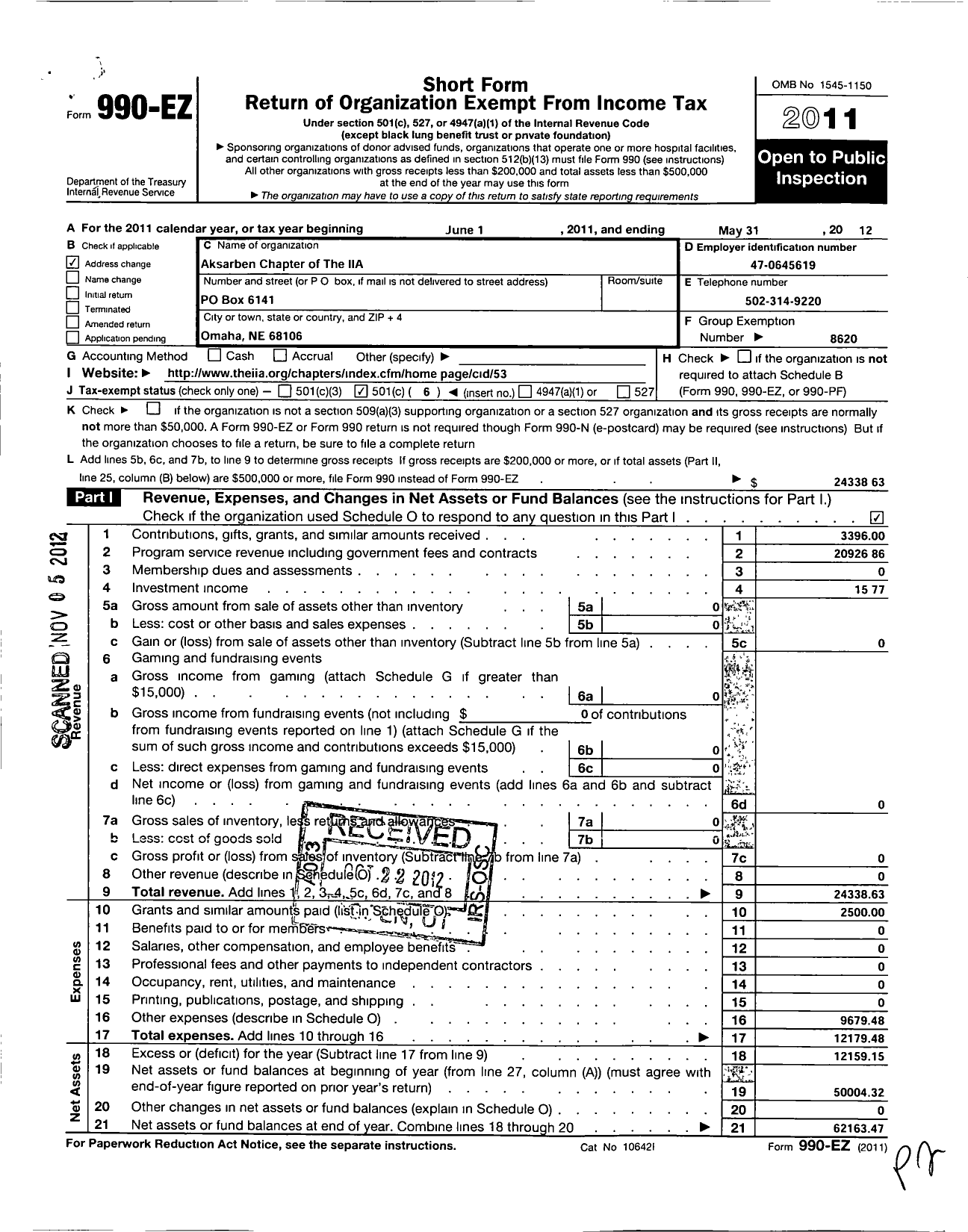 Image of first page of 2011 Form 990EO for Institute of Internal Auditors / Ak-Sar-Ben Chapter