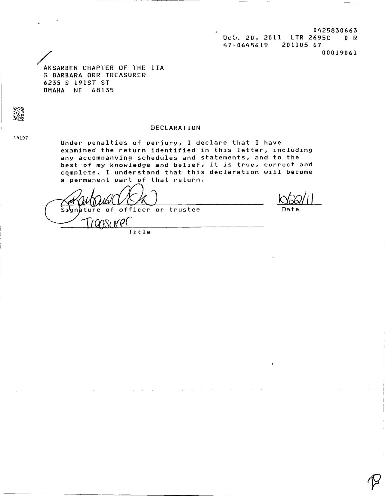 Image of first page of 2010 Form 990ER for Institute of Internal Auditors / Ak-Sar-Ben Chapter