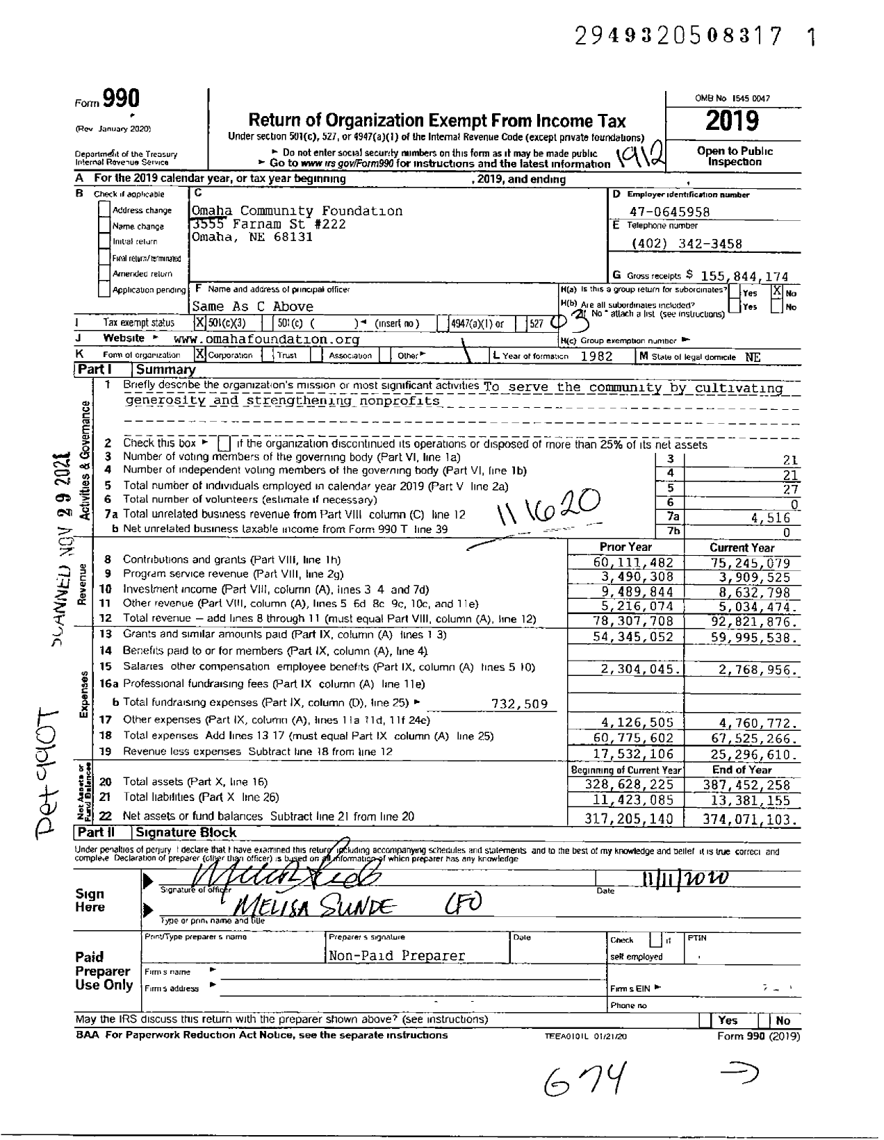 Image of first page of 2019 Form 990 for Omaha Community Foundation