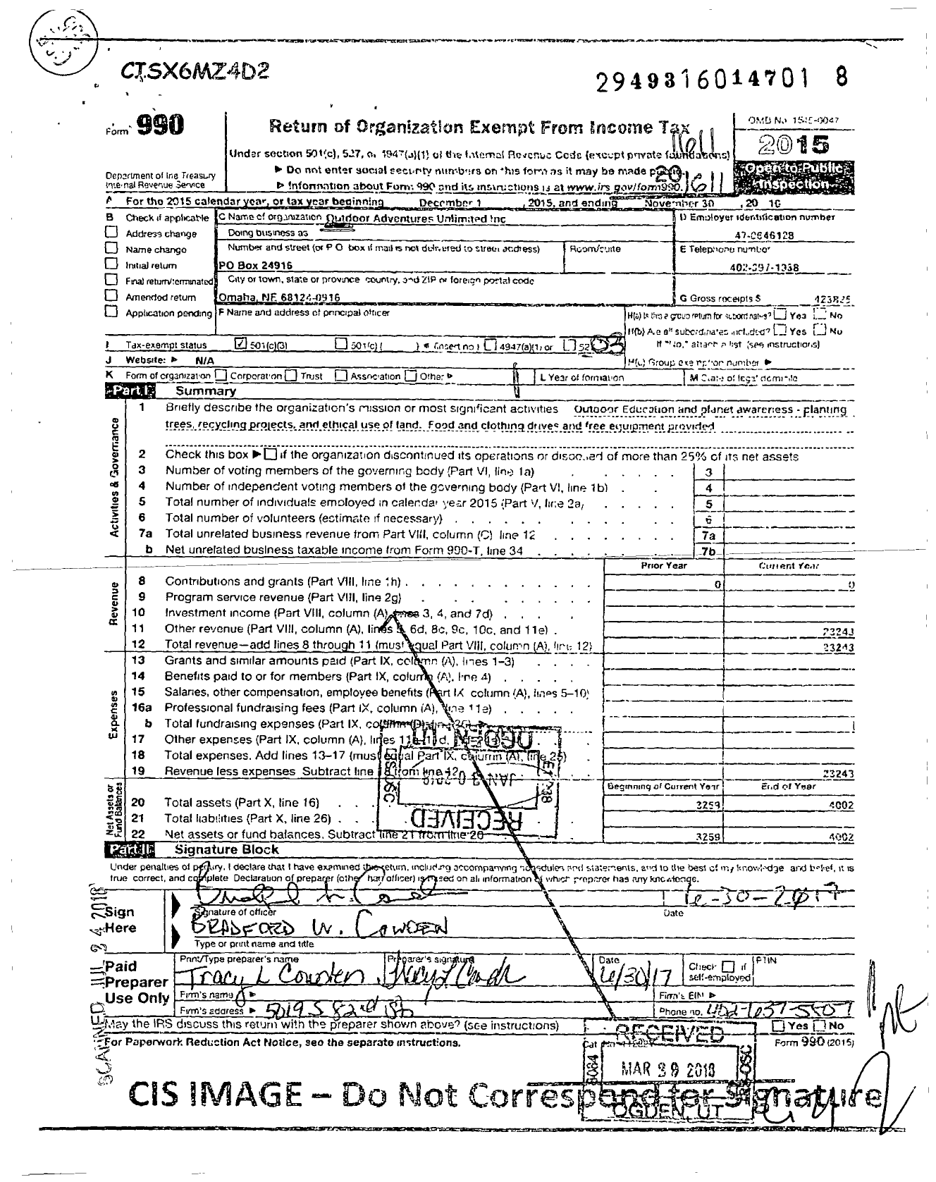 Image of first page of 2015 Form 990 for Outdoor Adventures Unlimited