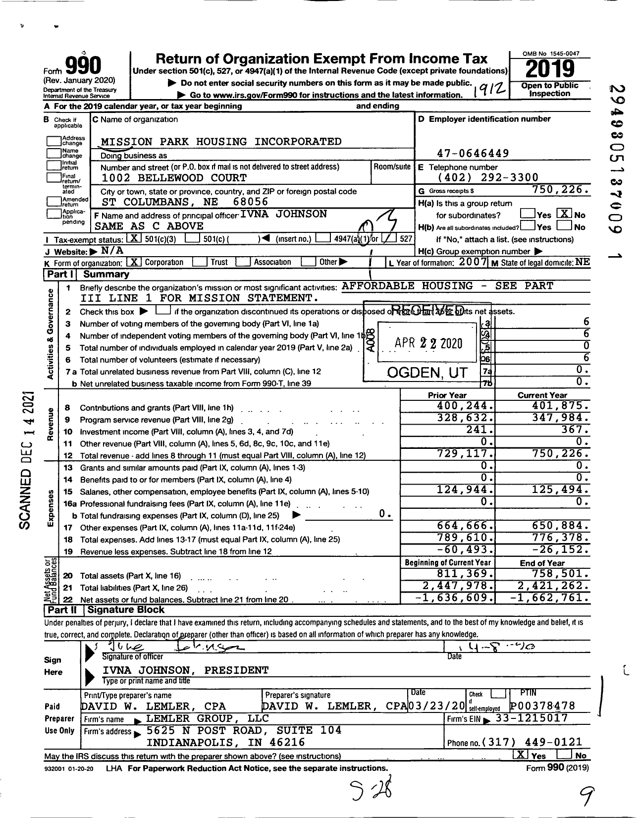 Image of first page of 2019 Form 990 for Mission Park Housing Incorporated