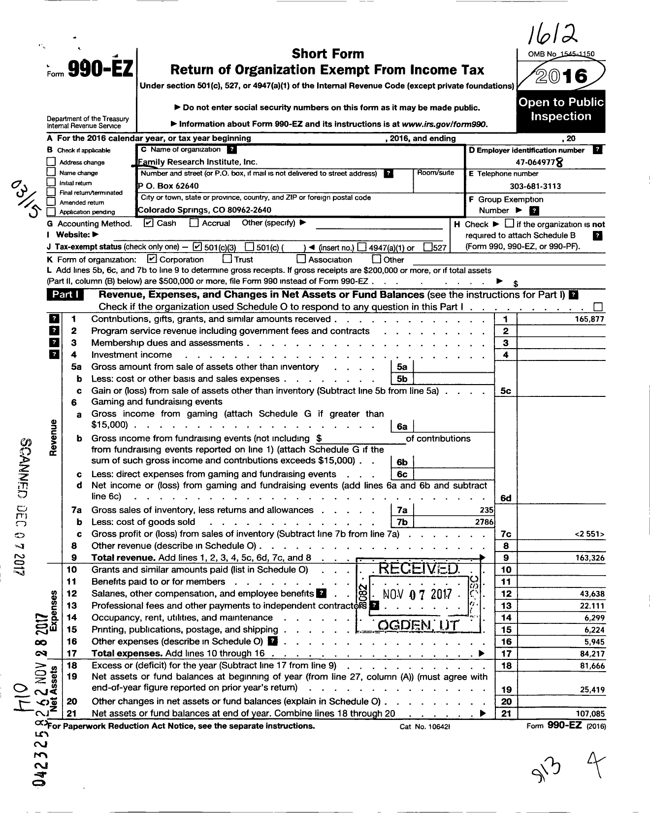 Image of first page of 2016 Form 990EZ for Family Research Institute