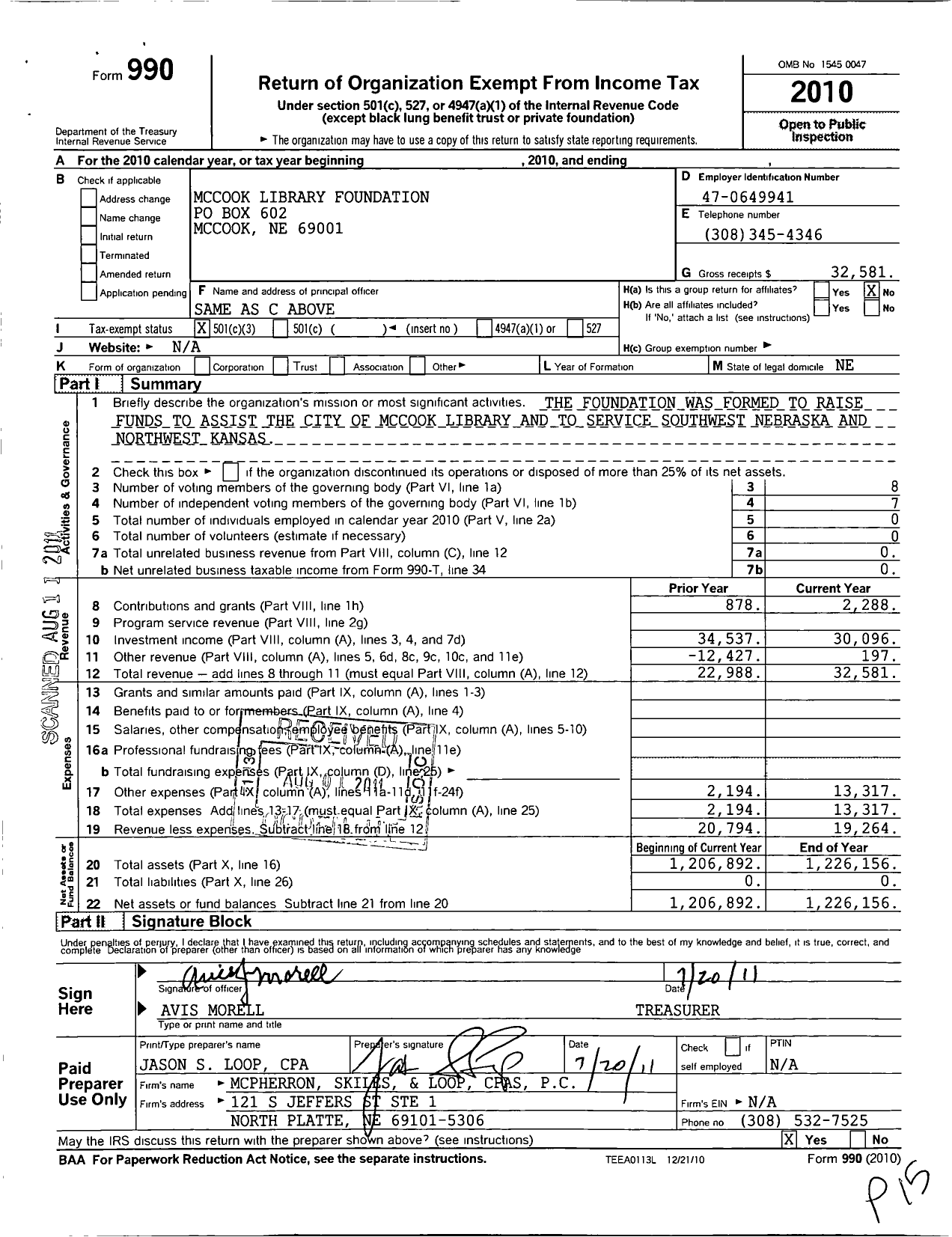 Image of first page of 2010 Form 990 for Mccook Library Foundation