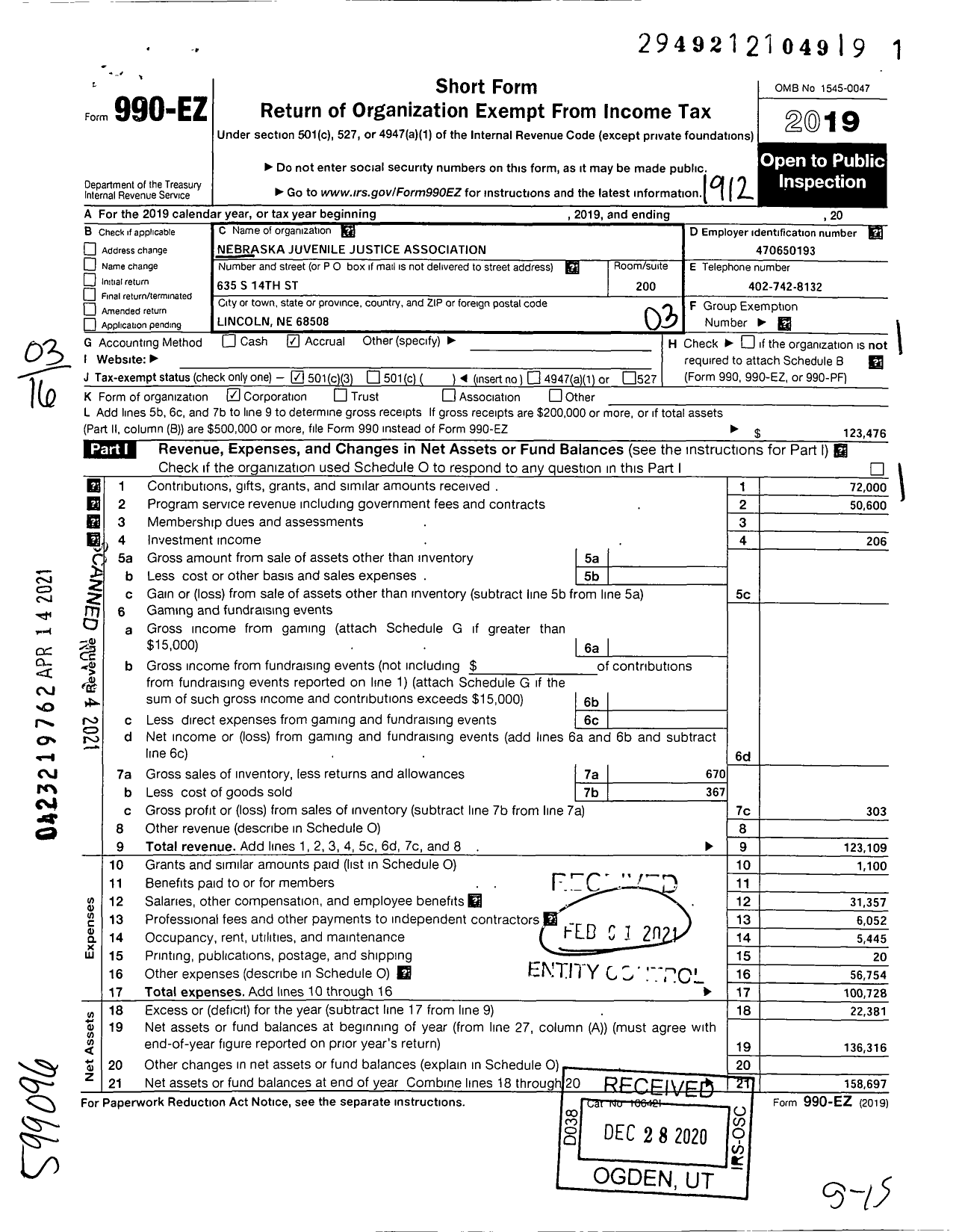 Image of first page of 2019 Form 990EZ for Nebraska Juvenile Justice Association