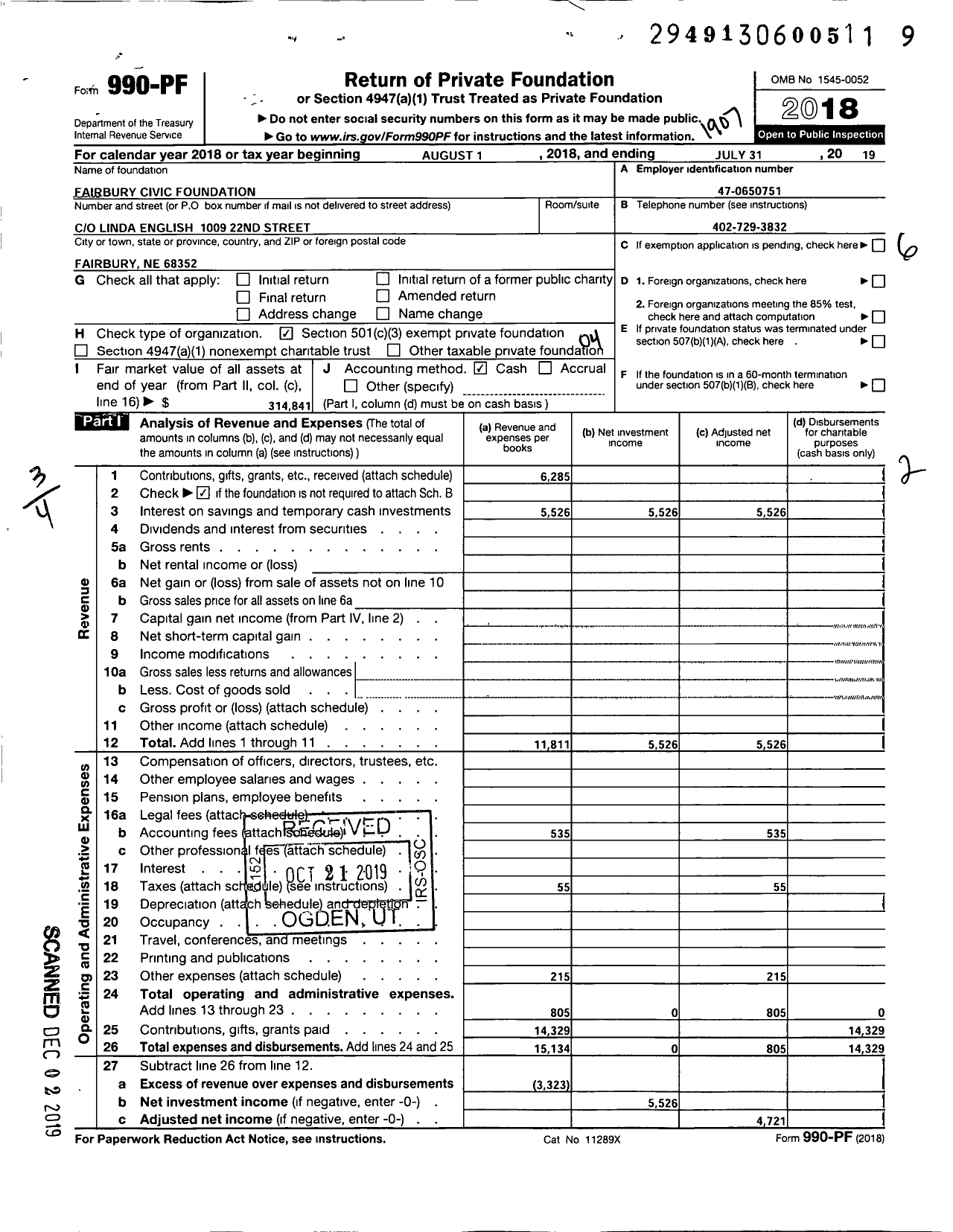 Image of first page of 2018 Form 990PF for Fairbury Civic Foundation