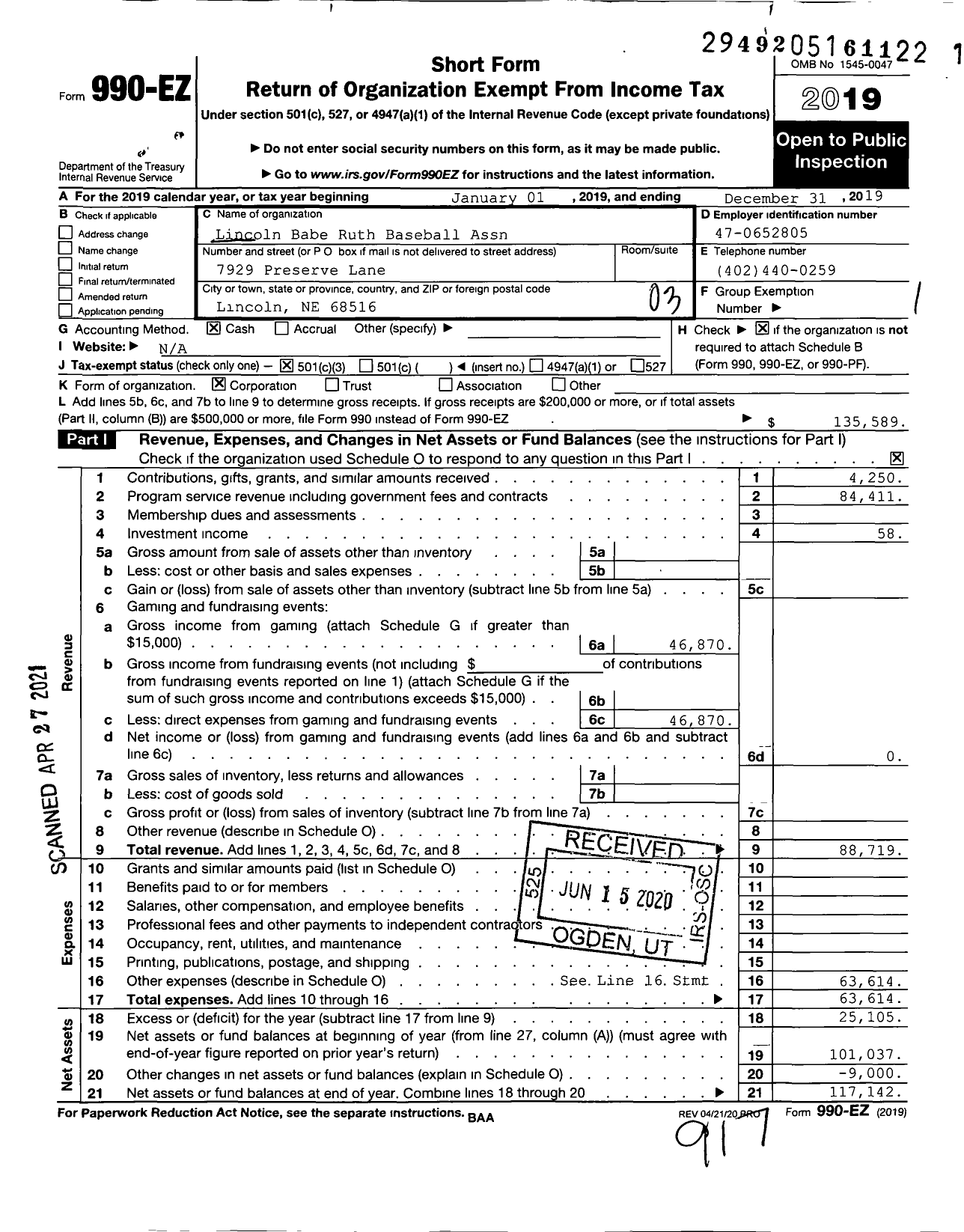 Image of first page of 2019 Form 990EZ for Lincoln Babe Ruth Baseball Association