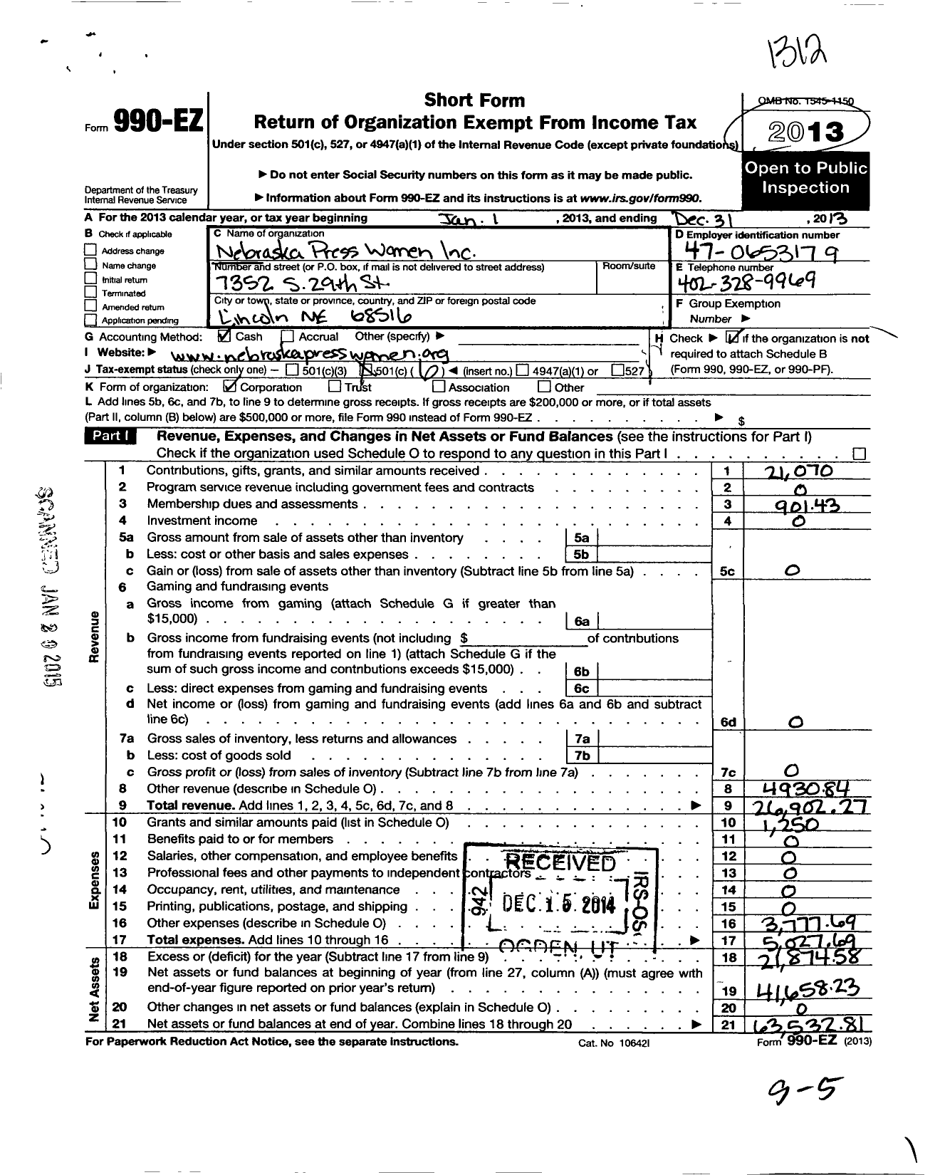 Image of first page of 2013 Form 990EO for Nebraska Press Women