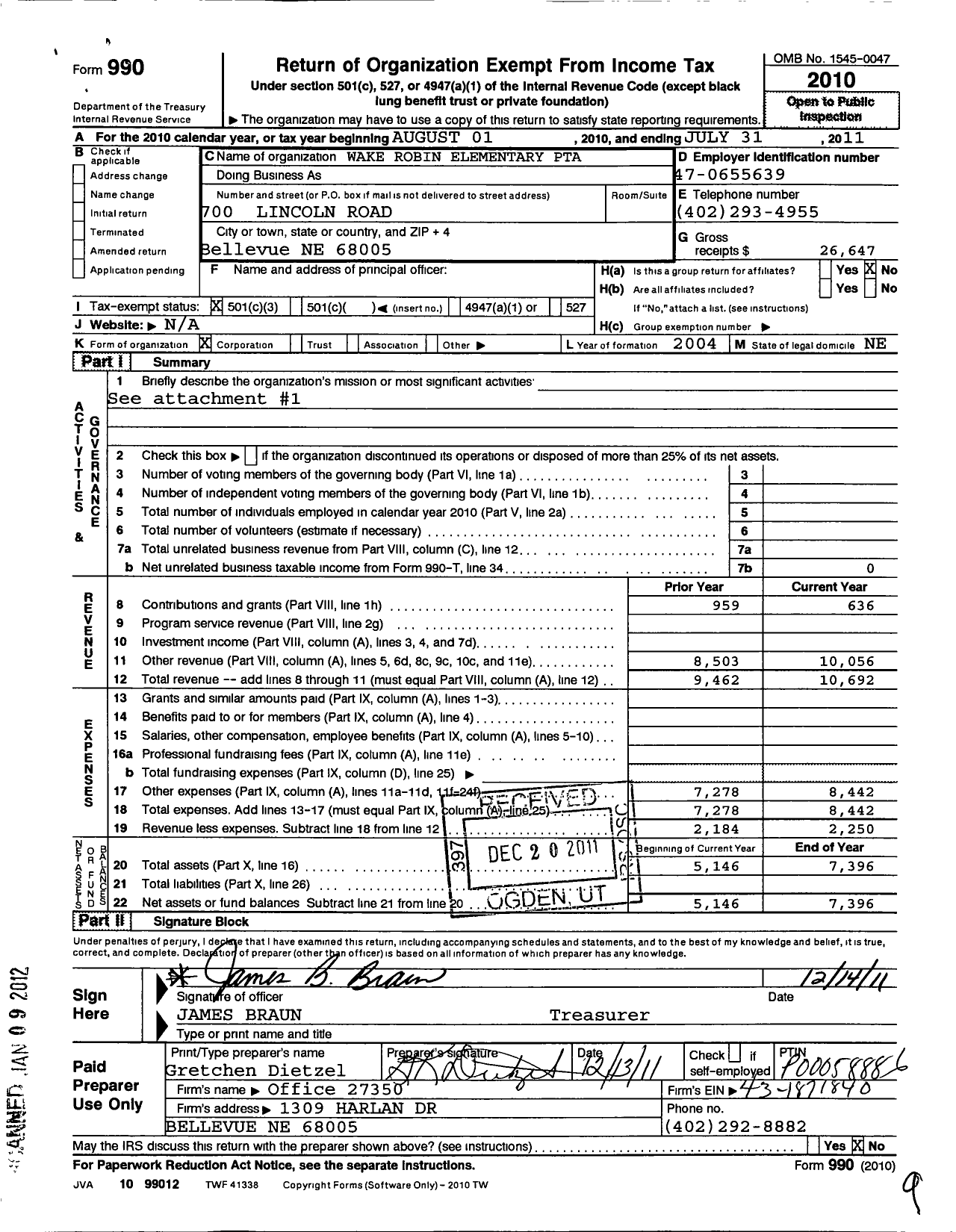 Image of first page of 2010 Form 990 for Nebraska Congress of Parents and Teachers / Wake Robin PTA