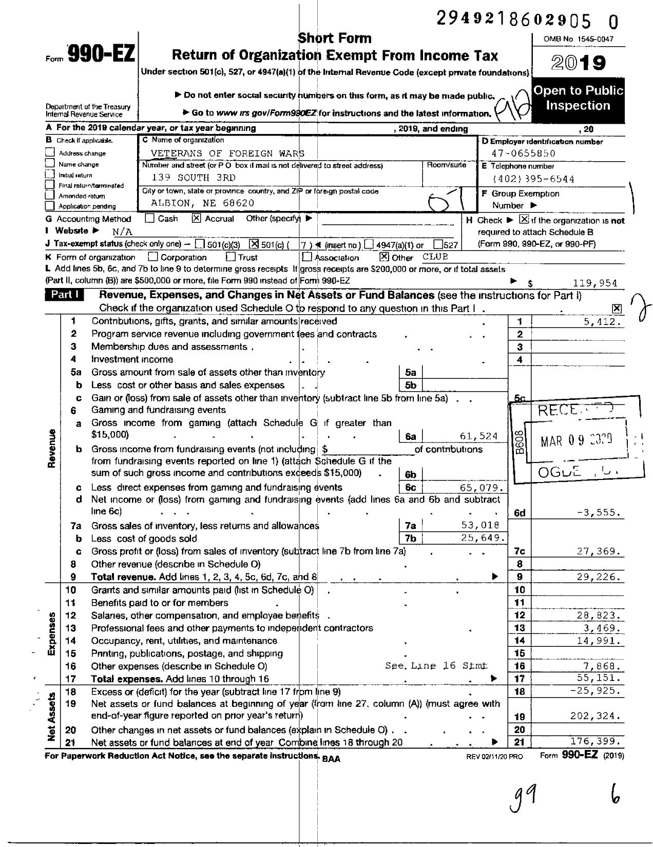 Image of first page of 2019 Form 990EO for Veterans of Foreign Wars