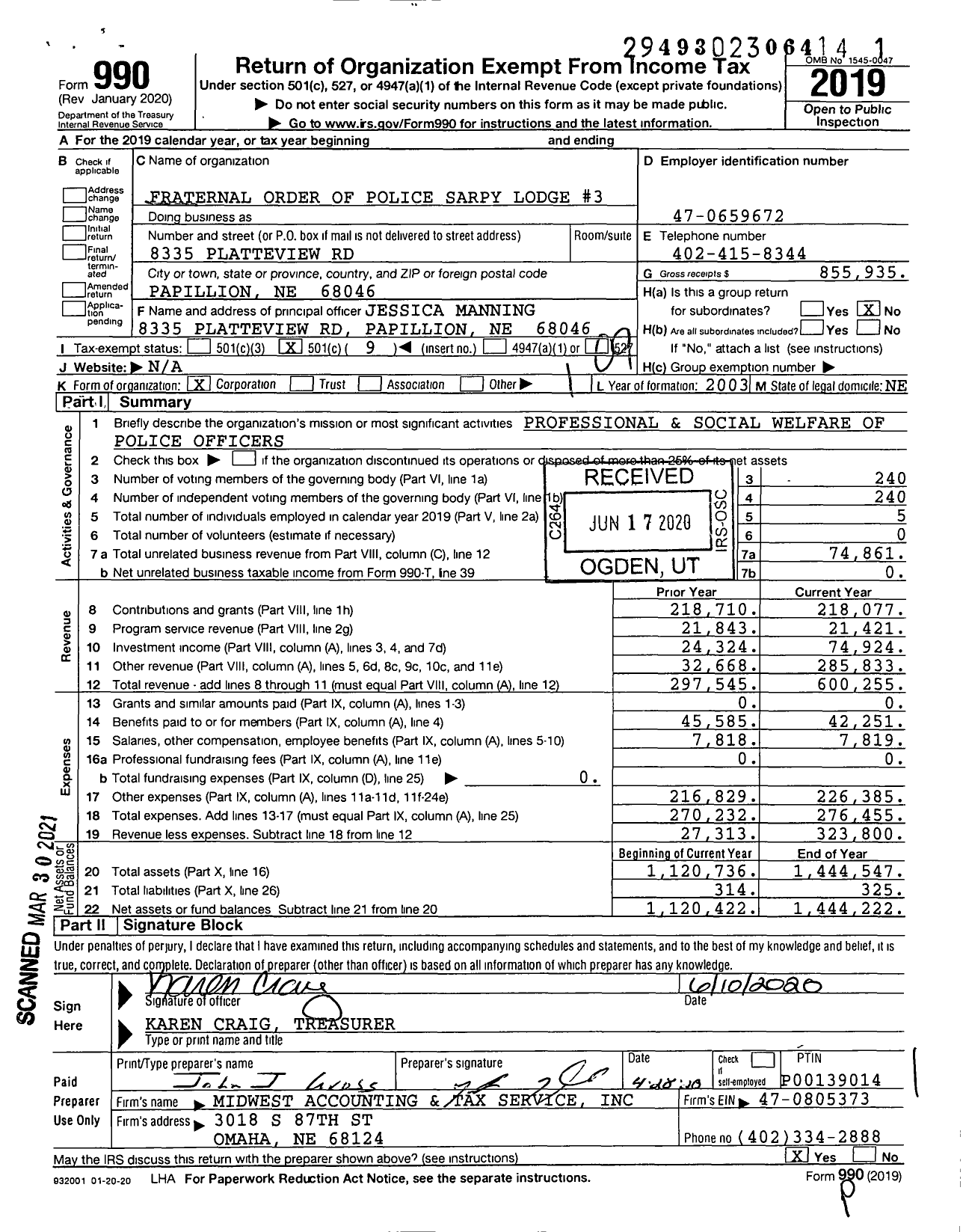 Image of first page of 2019 Form 990O for Fraternal Order of Police - 3 Sarpy Lodge