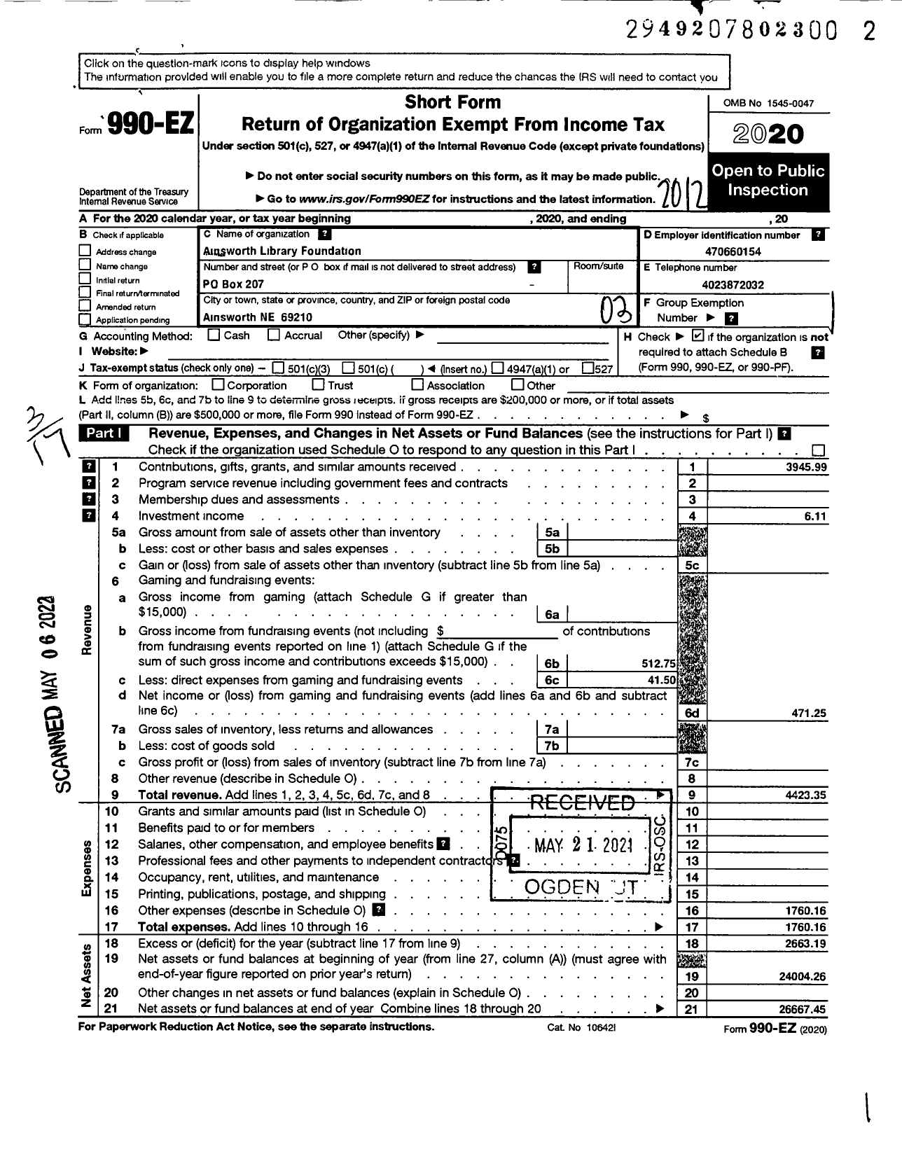 Image of first page of 2020 Form 990EZ for Ainsworth Library Foundation