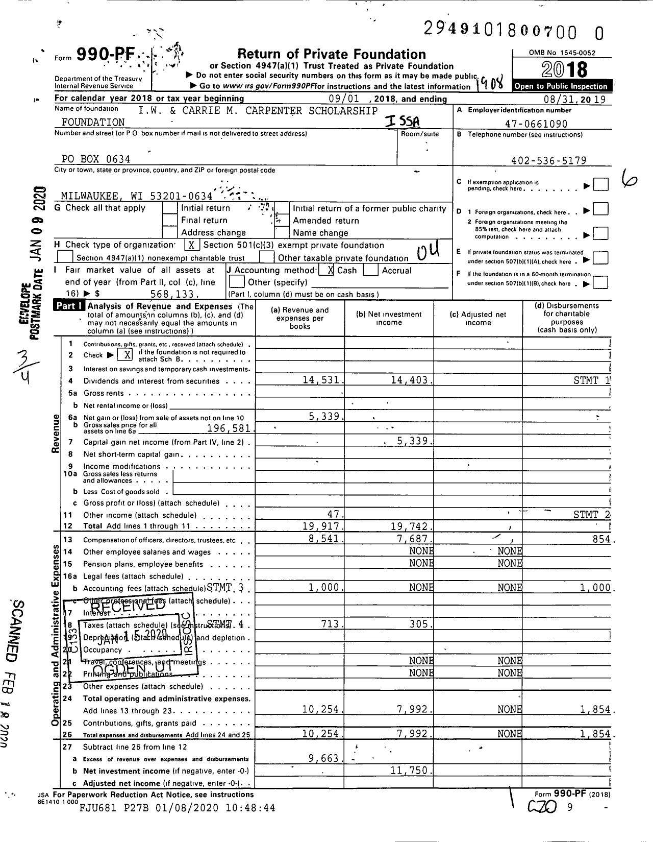 Image of first page of 2018 Form 990PR for Iw and Carrie M Carpenter Scholarship