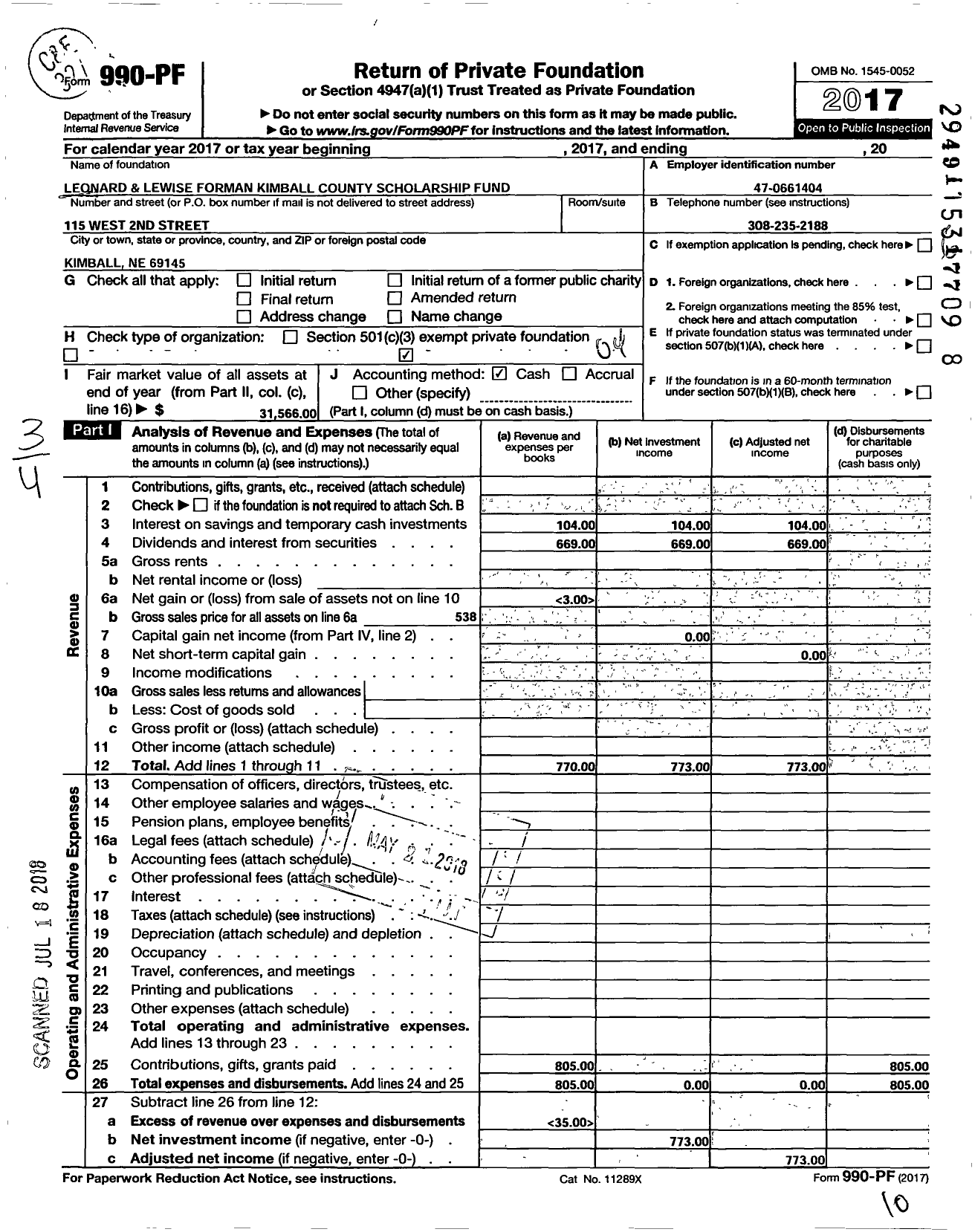 Image of first page of 2017 Form 990PF for Leonard and Lewise Forman Kimball County Scholarship Fund