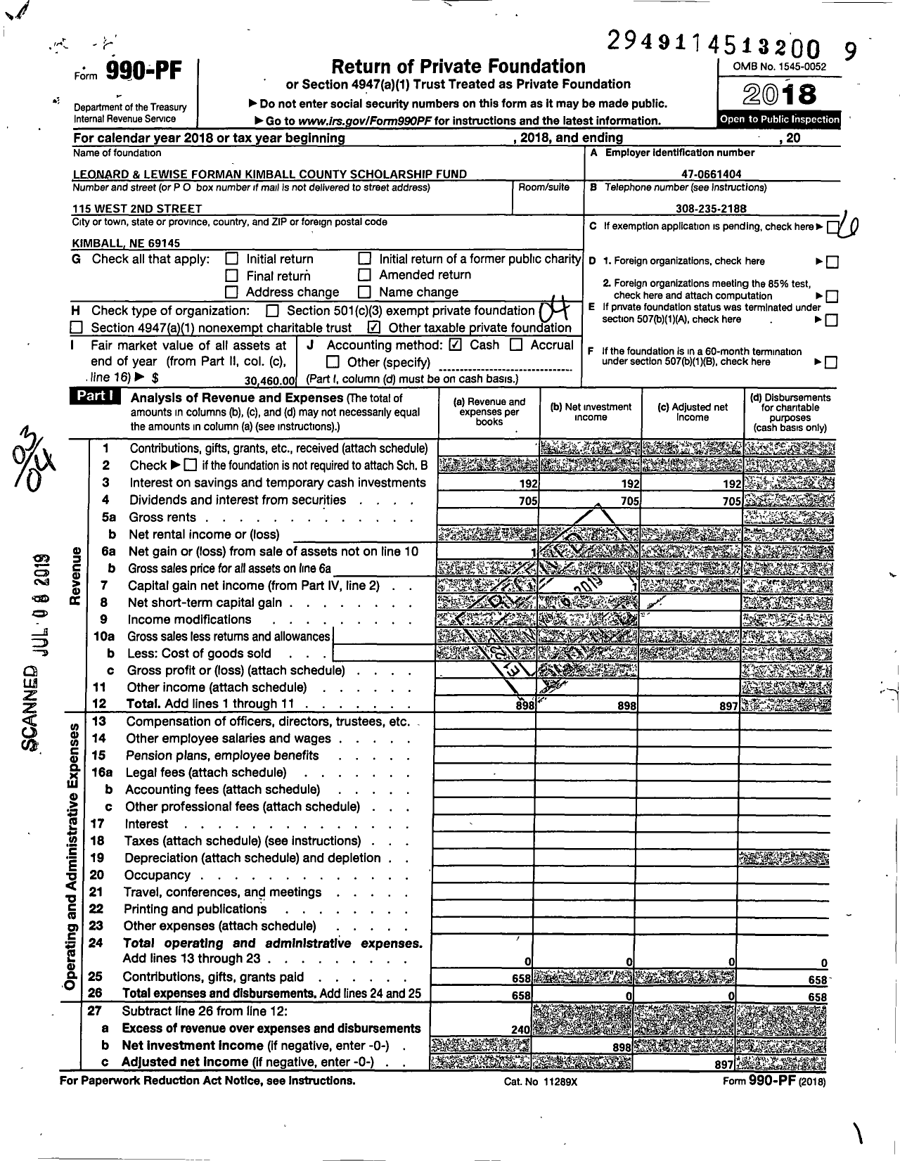 Image of first page of 2018 Form 990PF for Leonard and Lewise Forman Kimball County Scholarship Fund