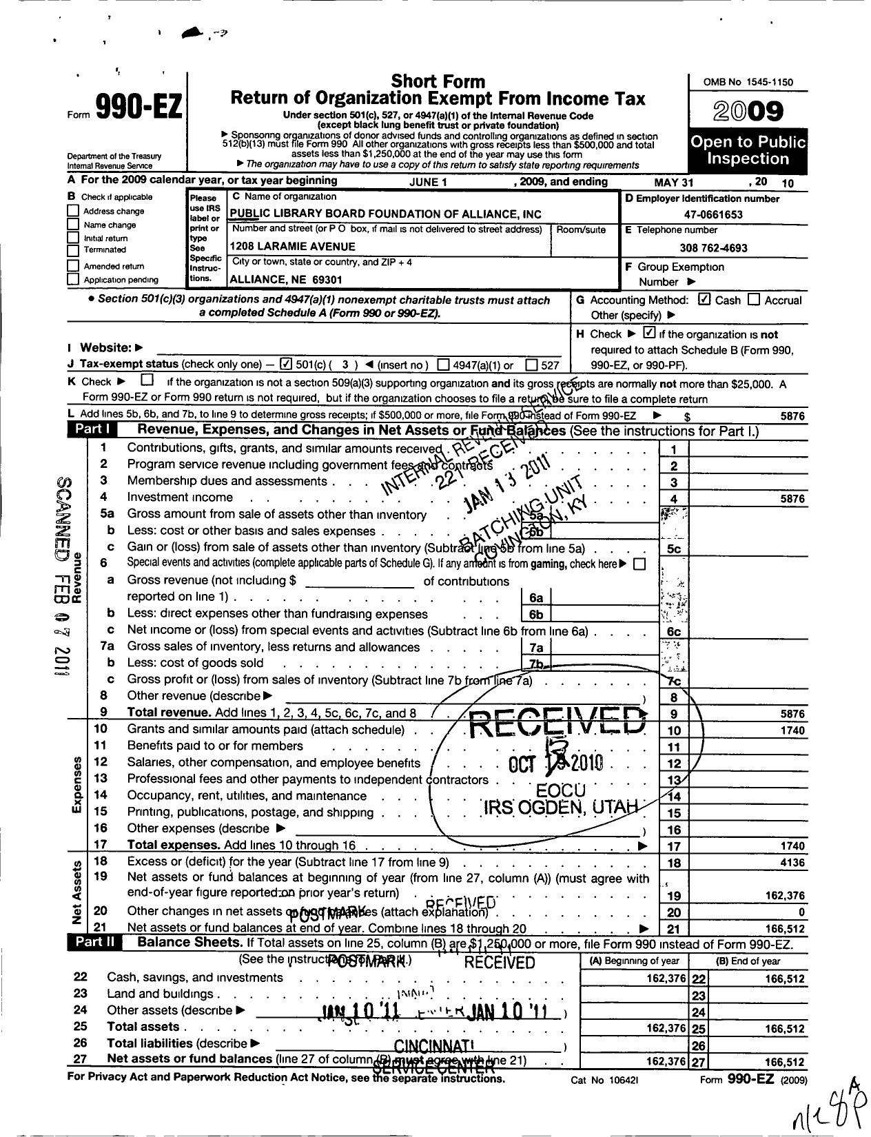 Image of first page of 2009 Form 990EZ for Public Library Board Foundation of Alliance