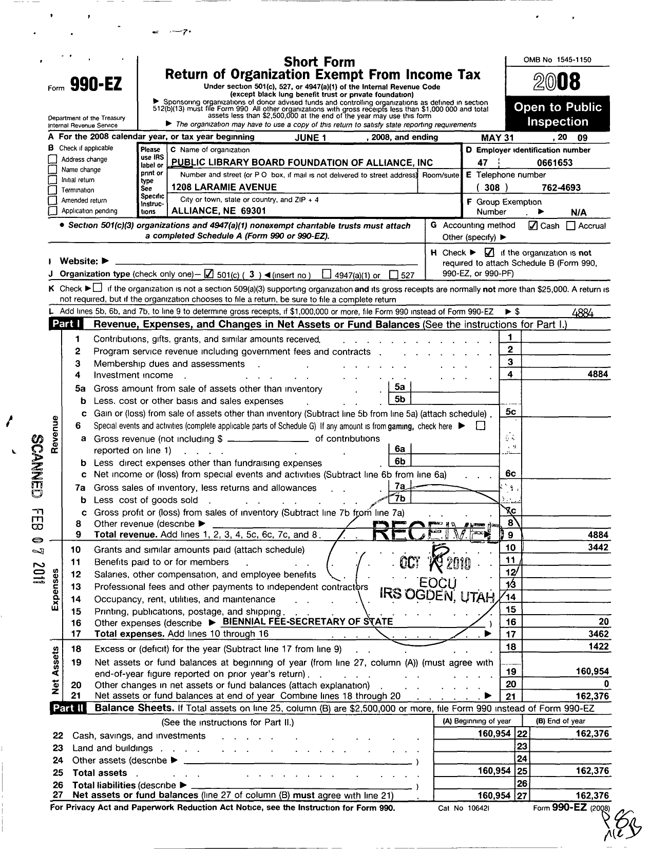 Image of first page of 2008 Form 990EZ for Public Library Board Foundation of Alliance