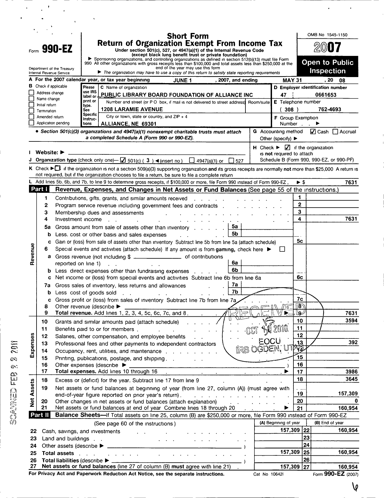 Image of first page of 2007 Form 990EZ for Public Library Board Foundation of Alliance