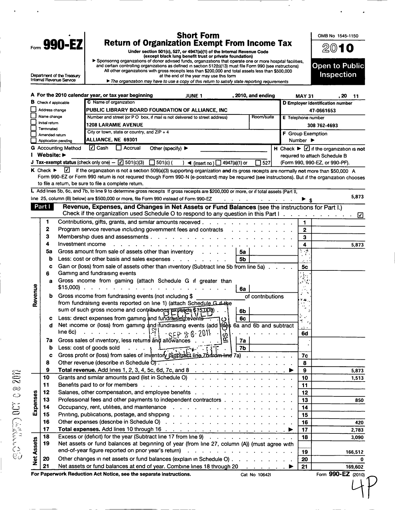 Image of first page of 2010 Form 990EZ for Public Library Board Foundation of Alliance