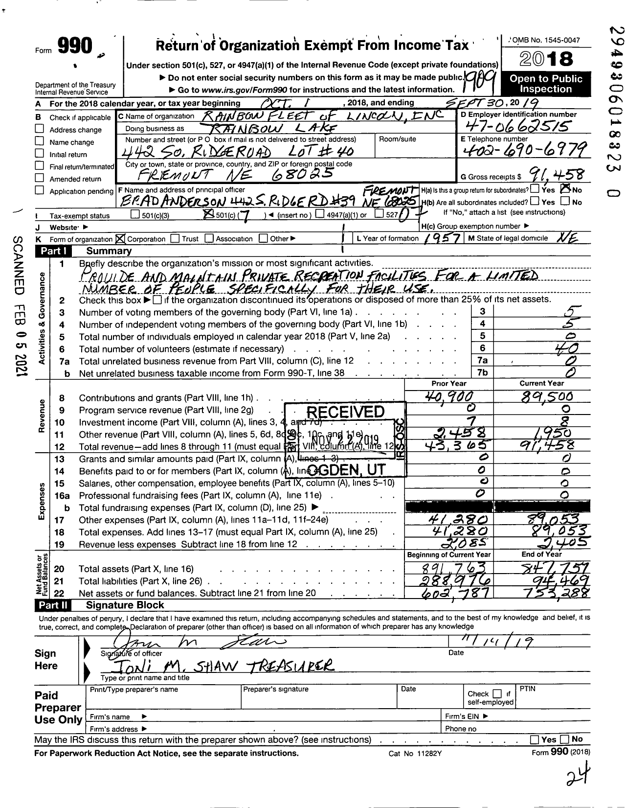 Image of first page of 2018 Form 990O for Rainbow Lake / Rainbow Fleet of Lincoln Inc