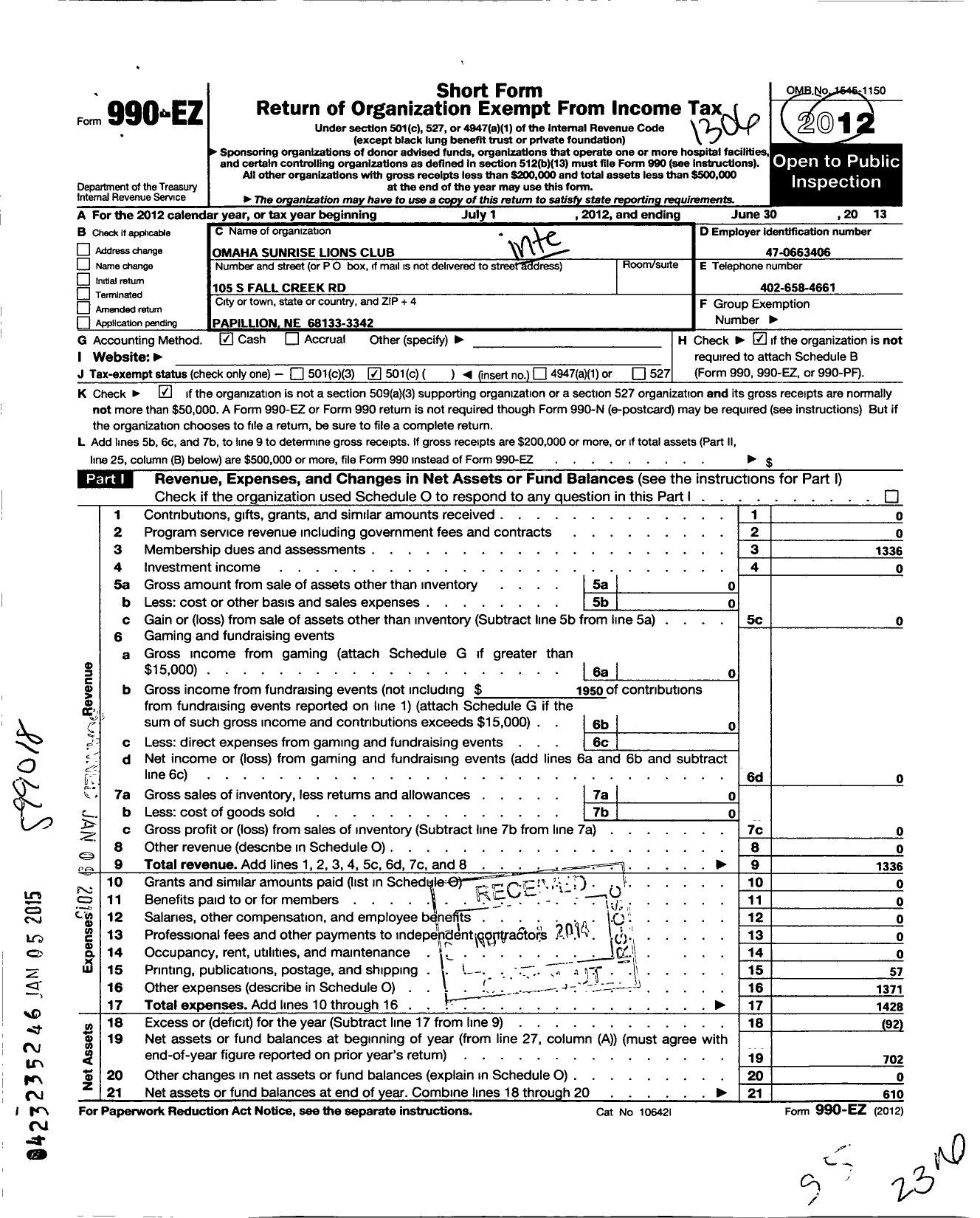 Image of first page of 2012 Form 990EO for Lions Clubs - 38963 Omaha Sunrise