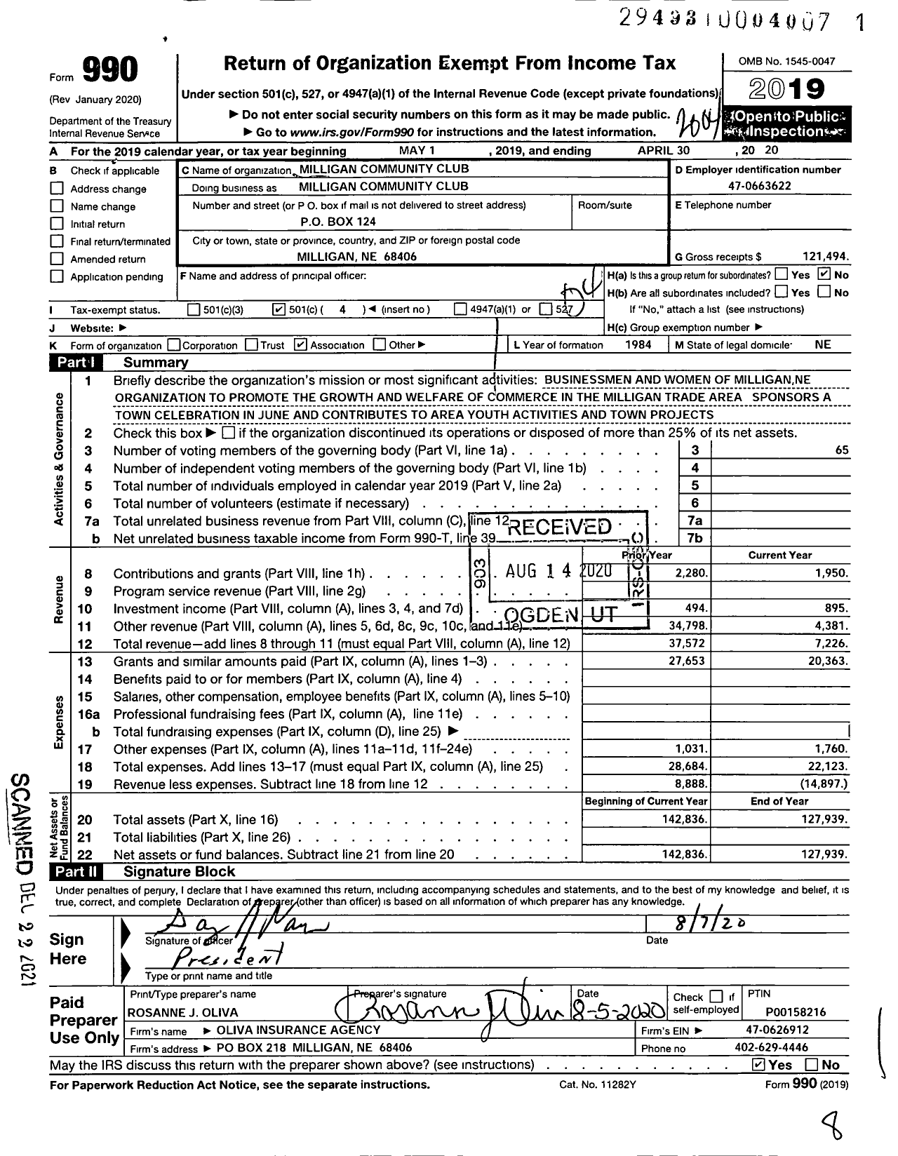 Image of first page of 2019 Form 990O for Milligan Community Club