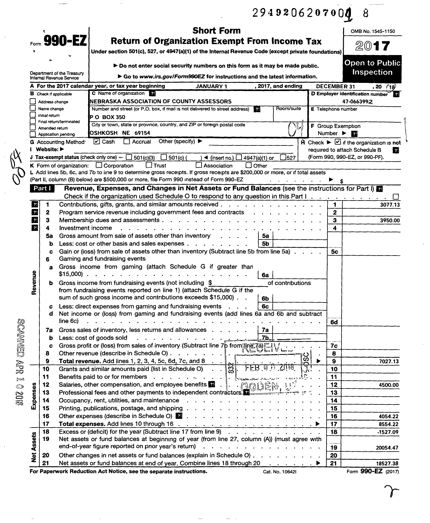 Image of first page of 2017 Form 990EO for Nebraska Association of County Assessors