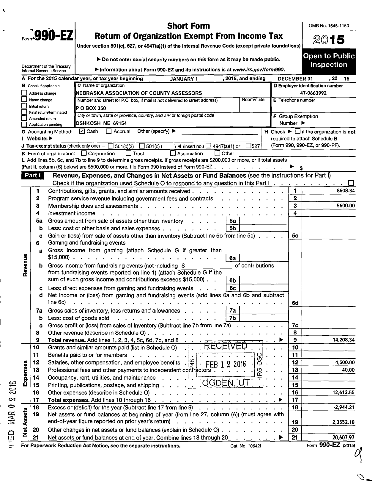 Image of first page of 2015 Form 990EO for Nebraska Association of County Assessors