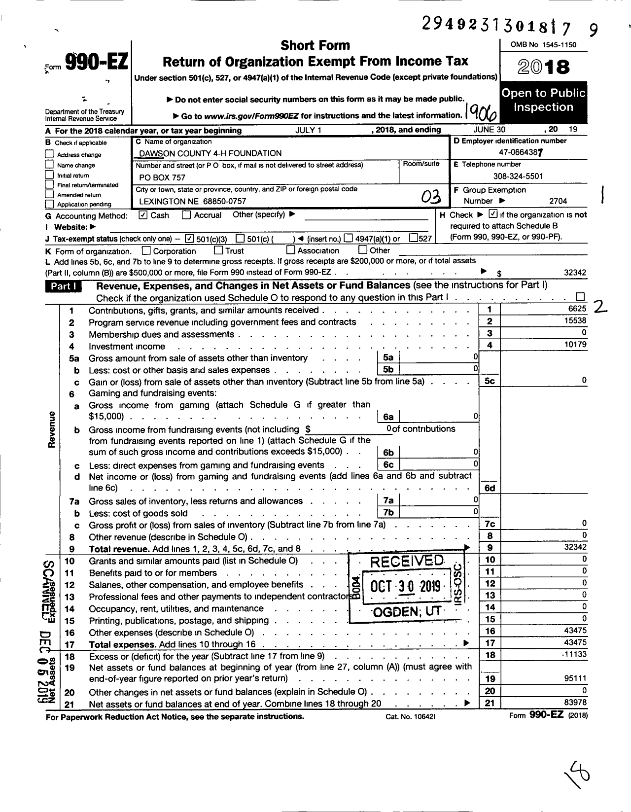 Image of first page of 2018 Form 990EZ for Dawson County 4-H Foundation