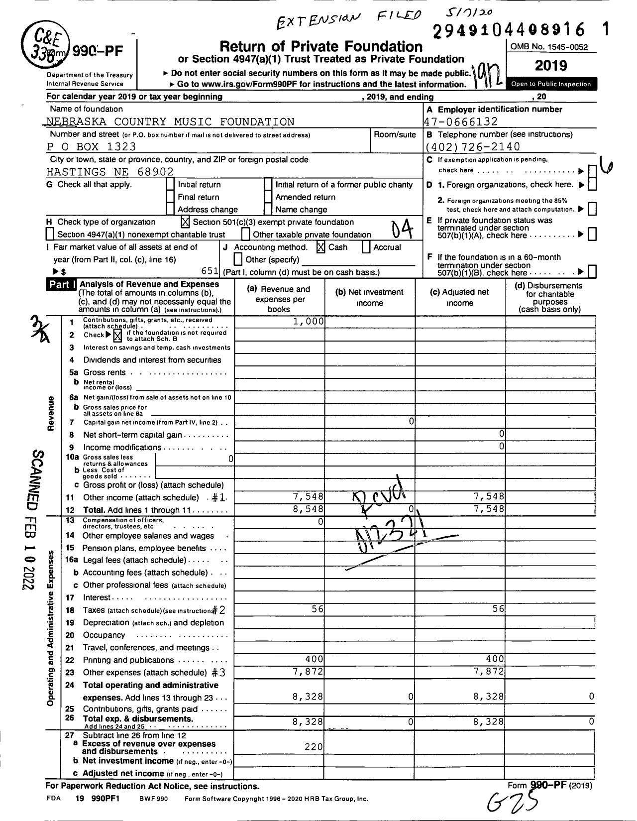 Image of first page of 2019 Form 990PF for Nebraska Country Music Foundation