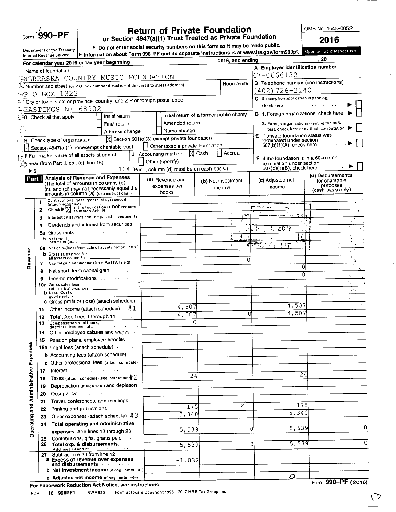 Image of first page of 2016 Form 990PF for Nebraska Country Music Foundation