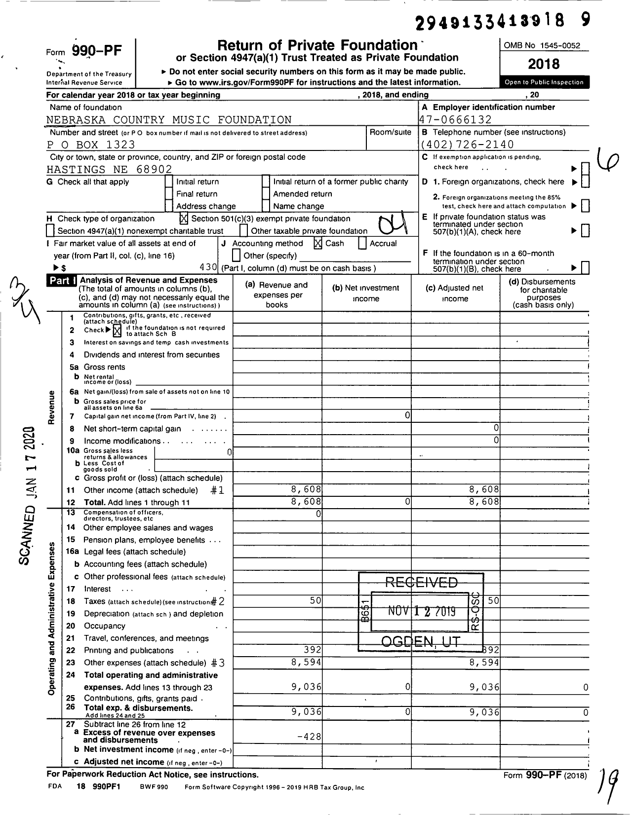 Image of first page of 2018 Form 990PF for Nebraska Country Music Foundation